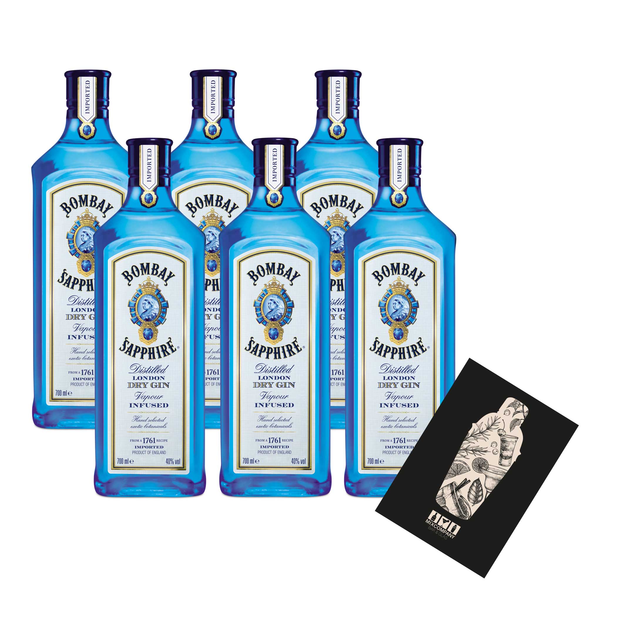 Bombay Sapphire 6er Set Distilled London Dry Gin 6x 0,7L (40% vol) Vapour infused- [Enthält Sulfite]
