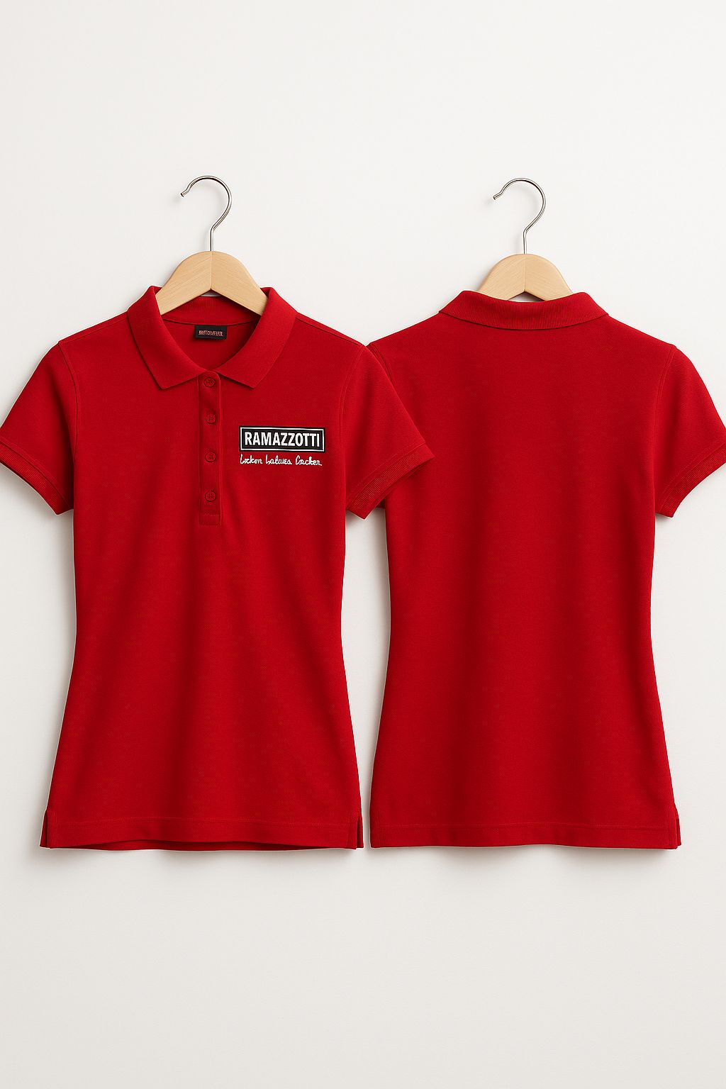 Ramazzotti Damen Polo-Shirt Rot Größe S – 5-Knopf – Frontlogo mit Schriftzug „Leben. Lieben. Lachen.“ – Original Promotion Polo