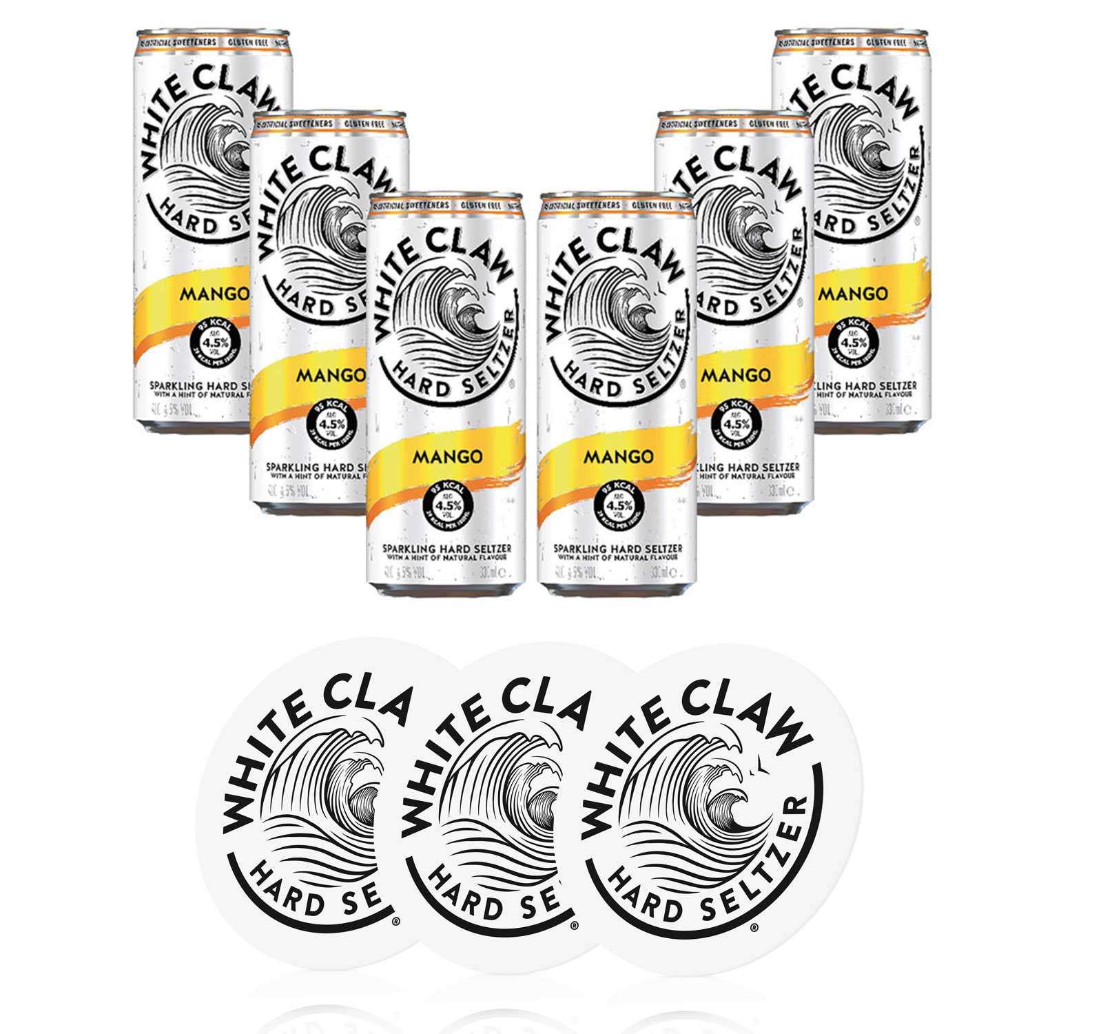 White Claw Mango 6er Set je 330ml (4,5% Vol) + 3 Untersetzer ready to drink / Longdrink sparkling hard seltzer - [Enthält Sulfite]