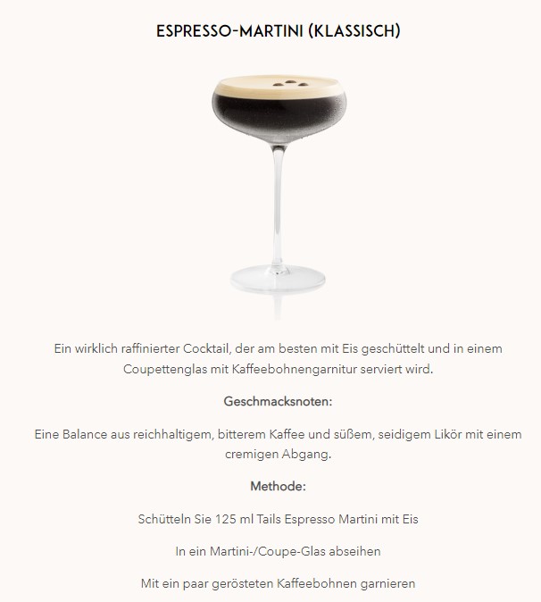 Tails Cocktails Geschenkset Espresso Martini 1L (14,9% Vol) mit 2 Longdrink Cocktail Gläsern in Kristalloptik Fertig Cocktail Ready to Drink- [Enthält Sulfite]
