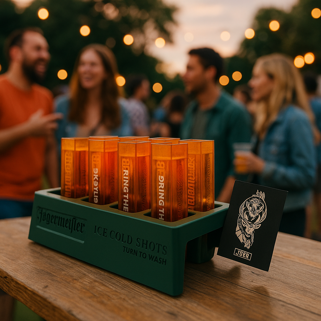 Jägermeister Shot Tray mit 6 Kunststoffgläsern – 2cl geeicht, orange