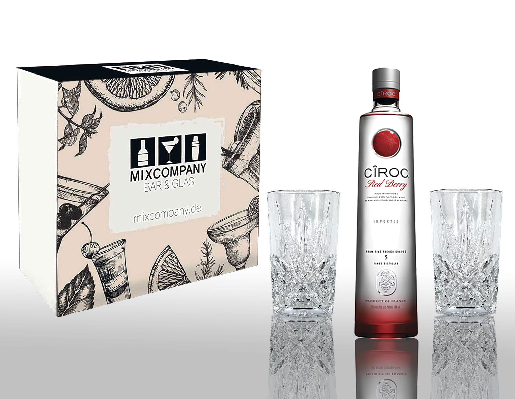 Ciroc Geschenkset Vodka Red Berry 0,7L (37,5% Vol) mit 2er Set Longdrinkglas Kristalloptik von P Diddy / Sean Combs- [Enthält Sulfite]