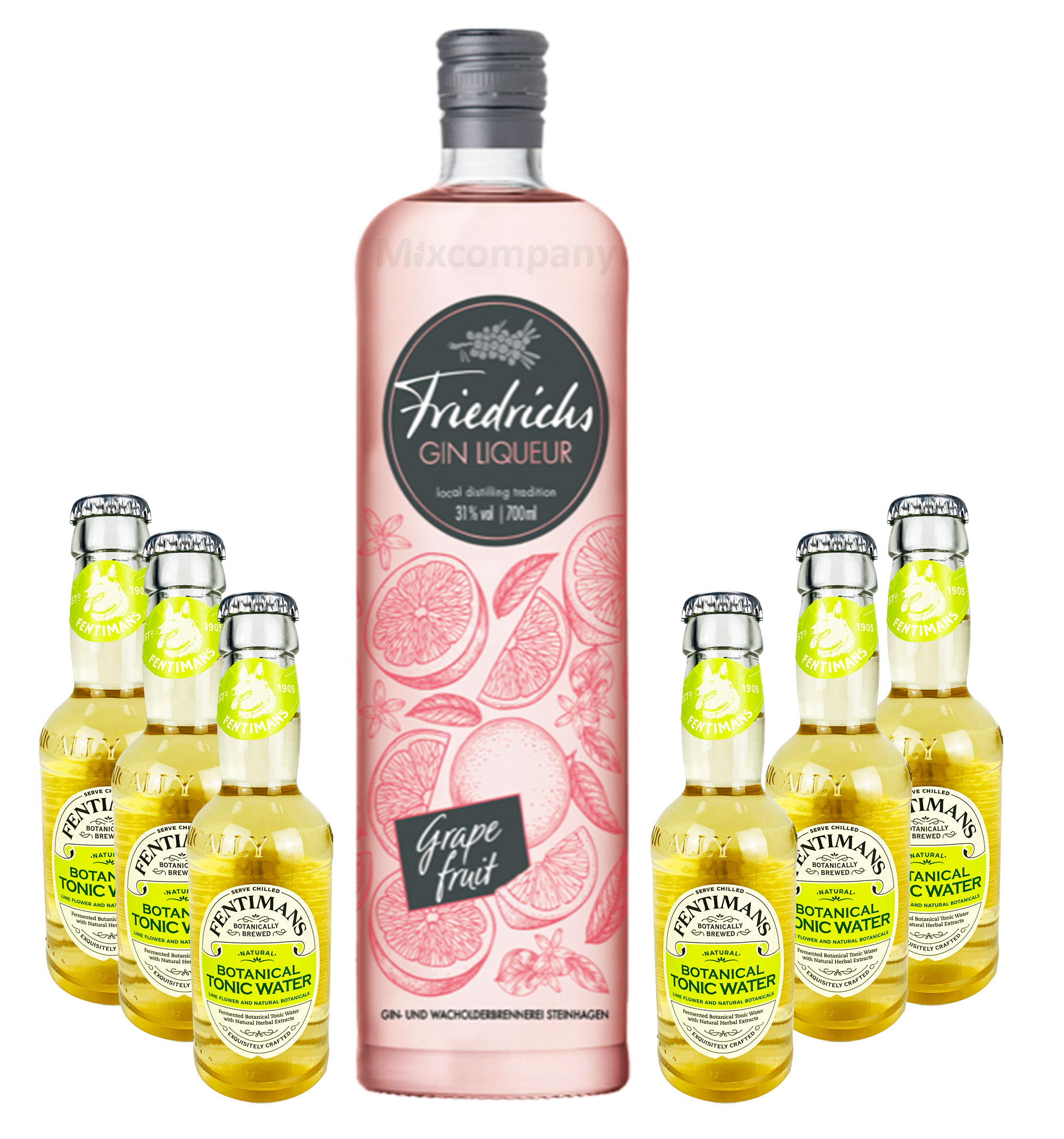 Friedrichs Gin Liqueur Grapefruit 0,7l 700ml (31% Vol) + 6x Fentimans Botanical Tonic Water 0,2l MEHRWEG inkl. Pfand Gin Tonic Bar- [Enthält Sulfite]