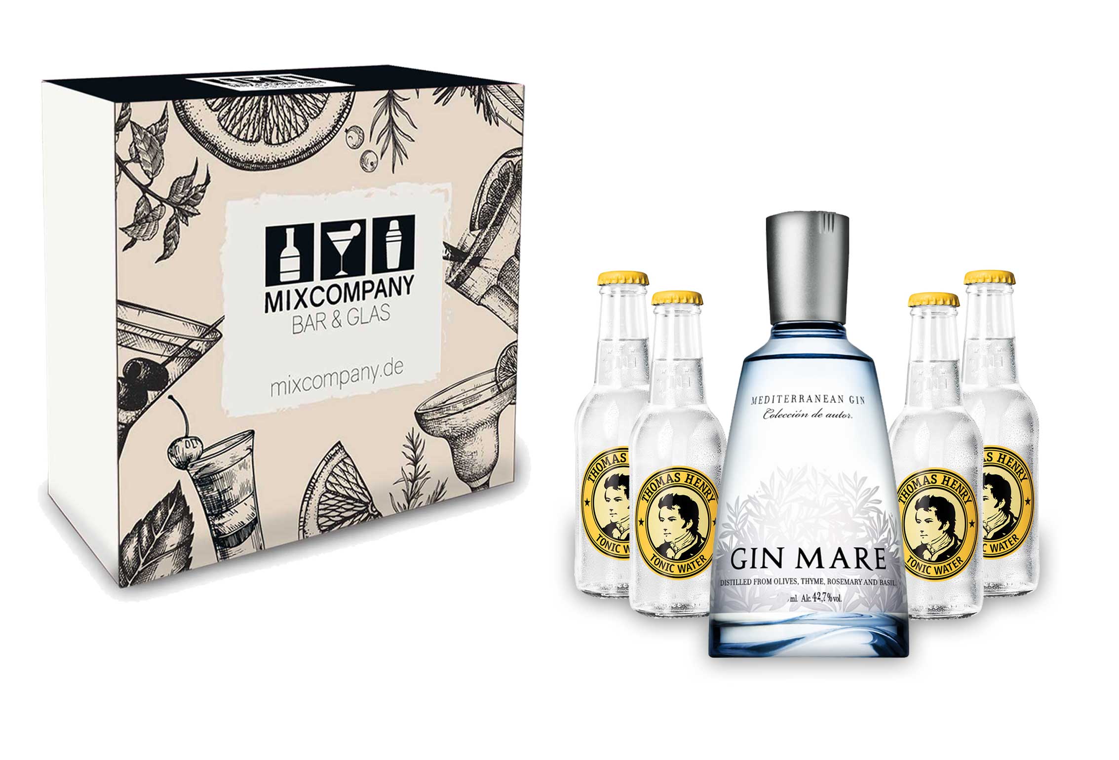 Gin Tonic Giftbox Geschenkset - Gin Mare 0,7l 700ml (42,7% Vol) + 4x Thomas Henry Tonic Water 200ml inkl. Pfand MEHRWEG + Geschenkverpackung