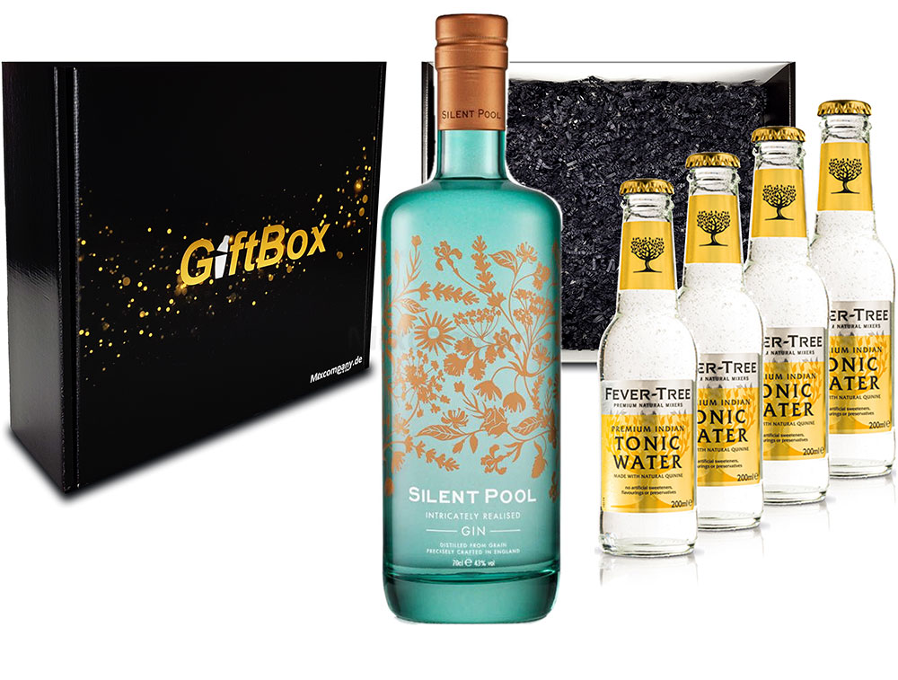Mixcompany Gin Tonic Giftbox Geschenkset - Silent Pool Gin 0,7L 700ml (43% Vol) + 4x Fever-Tree Premium Indian Tonic Water 0,2l MEHRWEG inkl. Pfand Gin Tonic Bar- [Enthält Sulfite]
