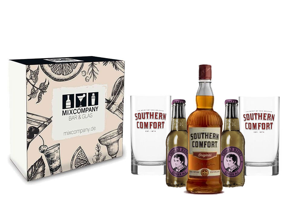 Southern Comfort Geschenkset NEU - Southern Comfort Whiskey 0,7l 700ml (35% Vol) + 2x Thomas Henry Ginger Ale 200ml +2x Longdrinkglas - Inkl. Pfand MEHRWEG- [Enthält Sulfite]