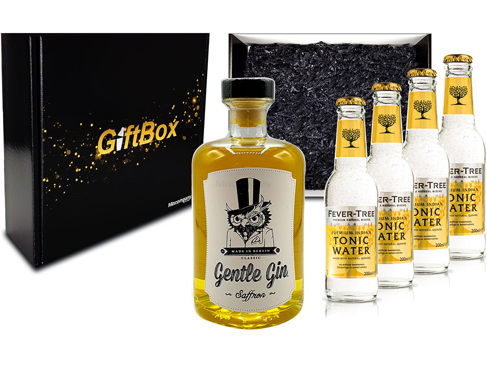 Mixcompany Giftbox - Gin Tonic Set Gin Tonic Set - Gentle Gin Saffron 0,5l (40% Vol) + 4x Fever-Tree Indian Tonic Water 200ml inkl. Pfand MEHRWEG - in Geschenkverpackung- [Enthält Sulfite]