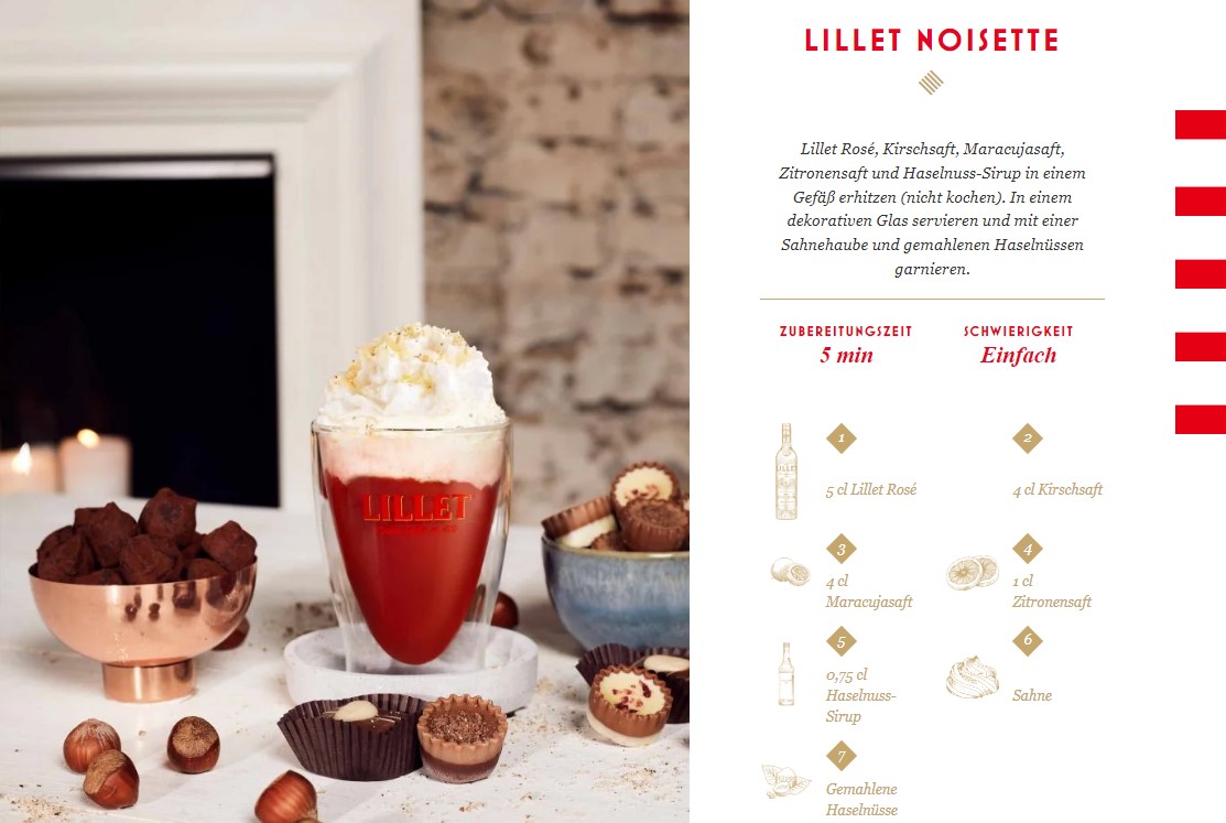 Lillet Noisette Winter Special - Lillet Rose Aperitif 0,75l (17% VOL) mit Kirschsaft, Maracujasaft, Zitronensaft und Haselnuss-Sirup Winter Rezept- [Enthält Sulfite]