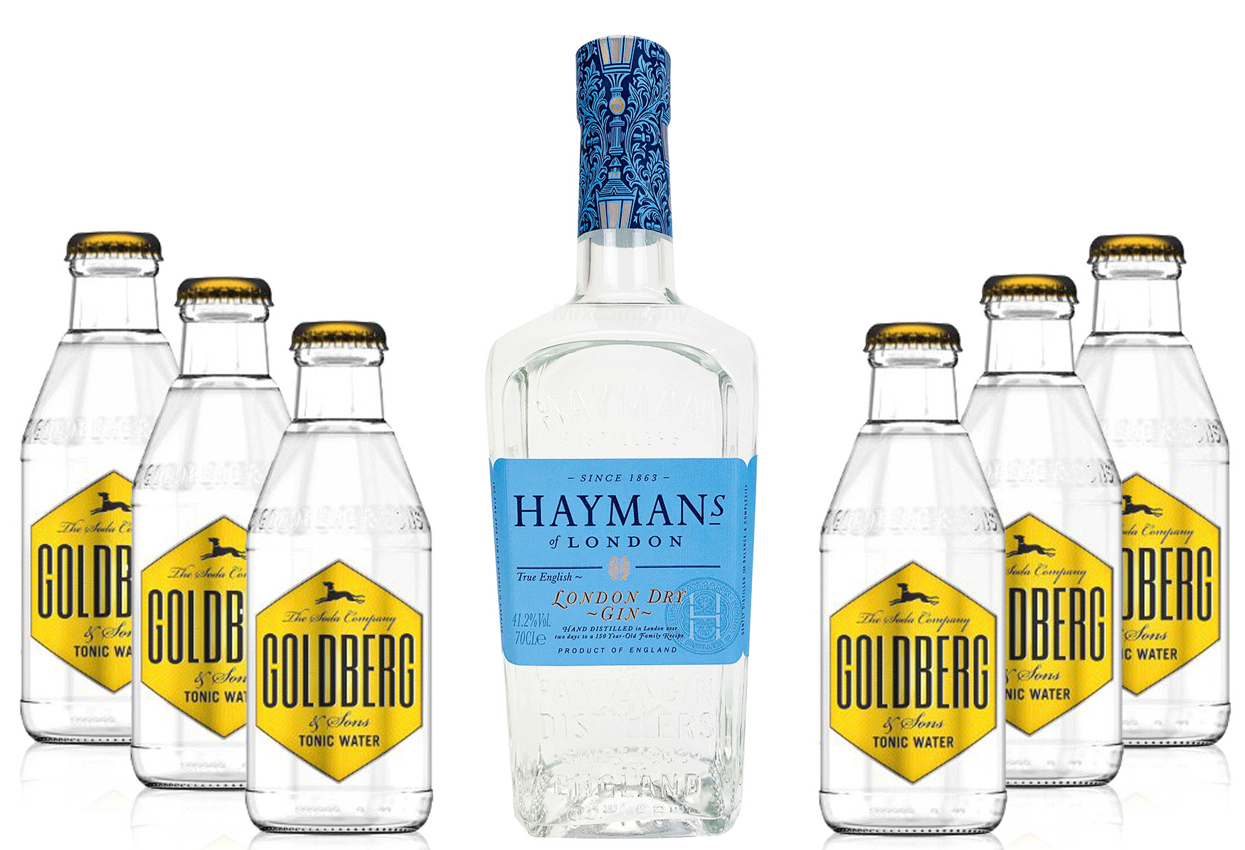 Haymans Dry Gin London 0,7l ( 41,2 % Vol) + 6x Goldberg Tonic Water 200ml Spirituose Bar Cocktail Longdrink Gin tonic- [Enthält Sulfite] - Inkl. Pfand MEHRWEG