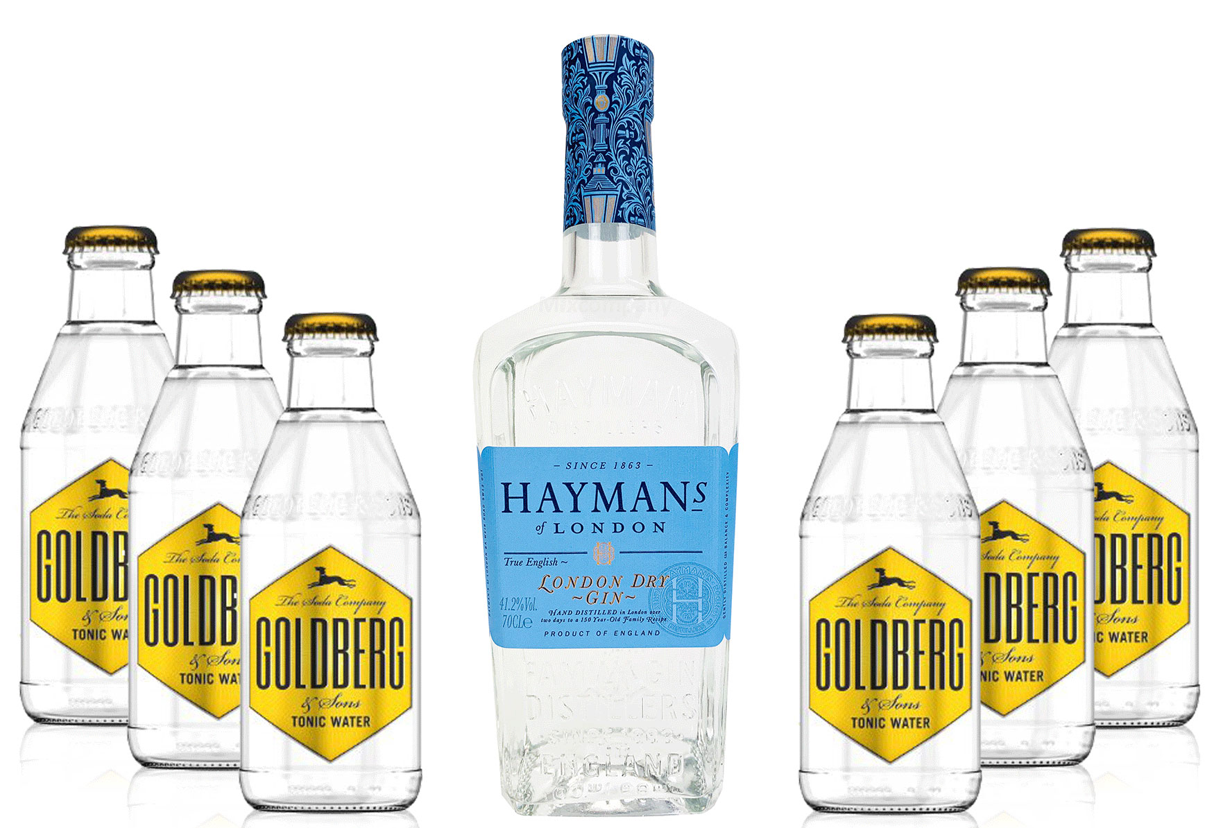 Haymans Dry Gin London 0,7l ( 41,2 % Vol) + 6x Goldberg Tonic Water 200ml Spirituose Bar Cocktail Longdrink Gin tonic- [Enthält Sulfite] - Inkl. Pfand MEHRWEG