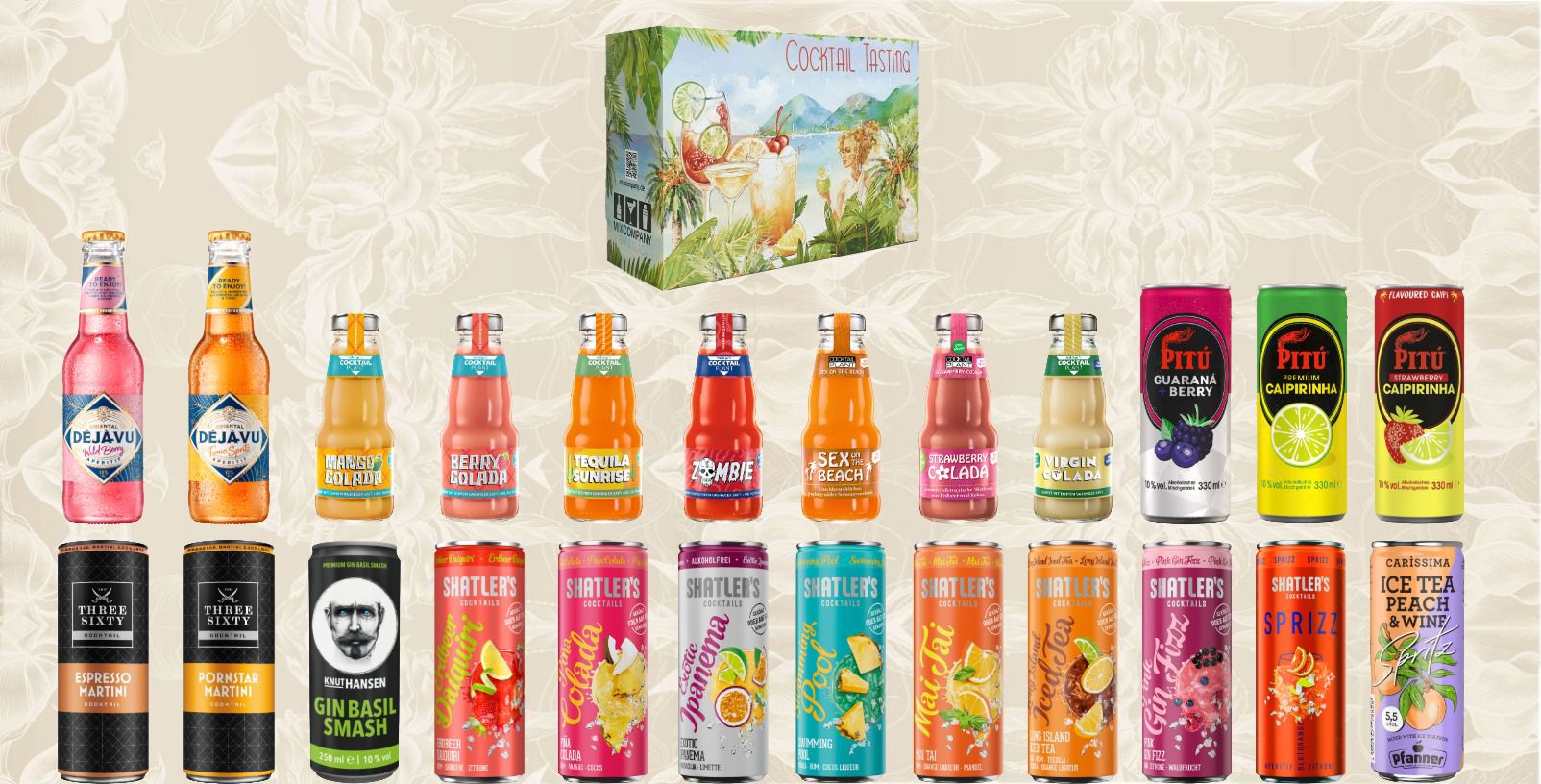 Cocktail Tasting Set – 24x Ready-to-Drink Cocktails von Shatler’s, Three Sixty, Knut Hansen, Pitú, Cocktail Plant, Dejavu & Pfanner | Premium Probier-Set | Cocktail Adventskalender