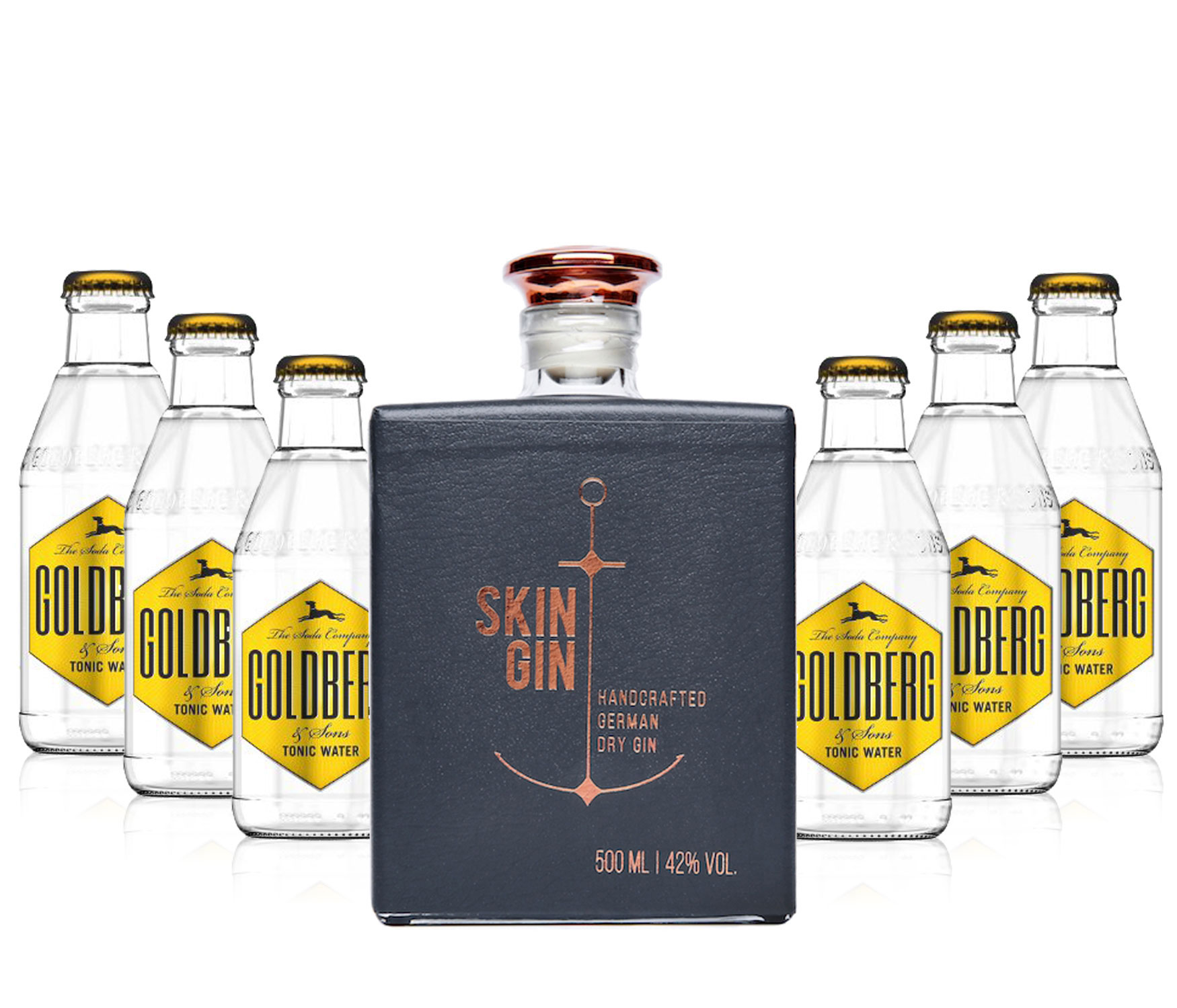 Gin Tonic Set - Skin Gin German Handcrafted Dry Gin 50cl (42% Vol) + 6x Goldberg Tonic Water 200ml inkl. Pfand MEHRWEG -[Enthält Sulfite]