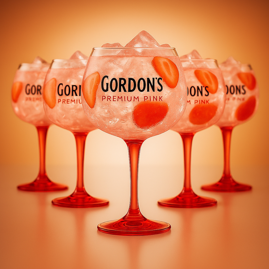 Gordon’s Premium Pink Ballongläser – 6er Set | Copa Cocktailgläser | Gin Tonic Gläser mit pinkem Stiel | Großes Longdrinkglas-Set