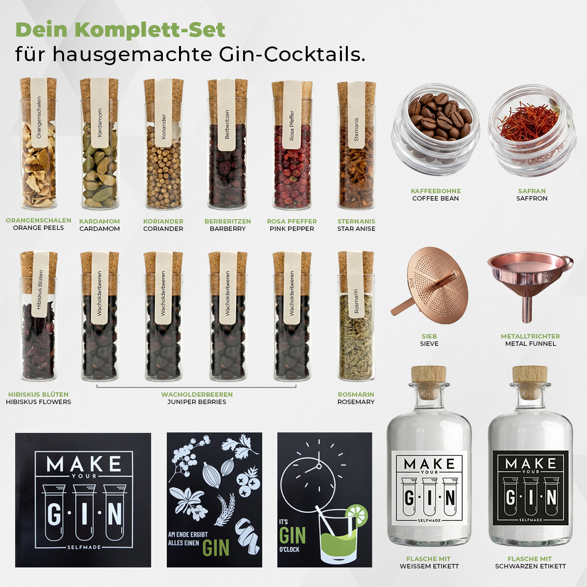 Make Your Gin Geschenkset Mediterrane Edition - 12 Botanicals mit Safran & Kaffeebohnen inkl. Bartrichter & Rezepte