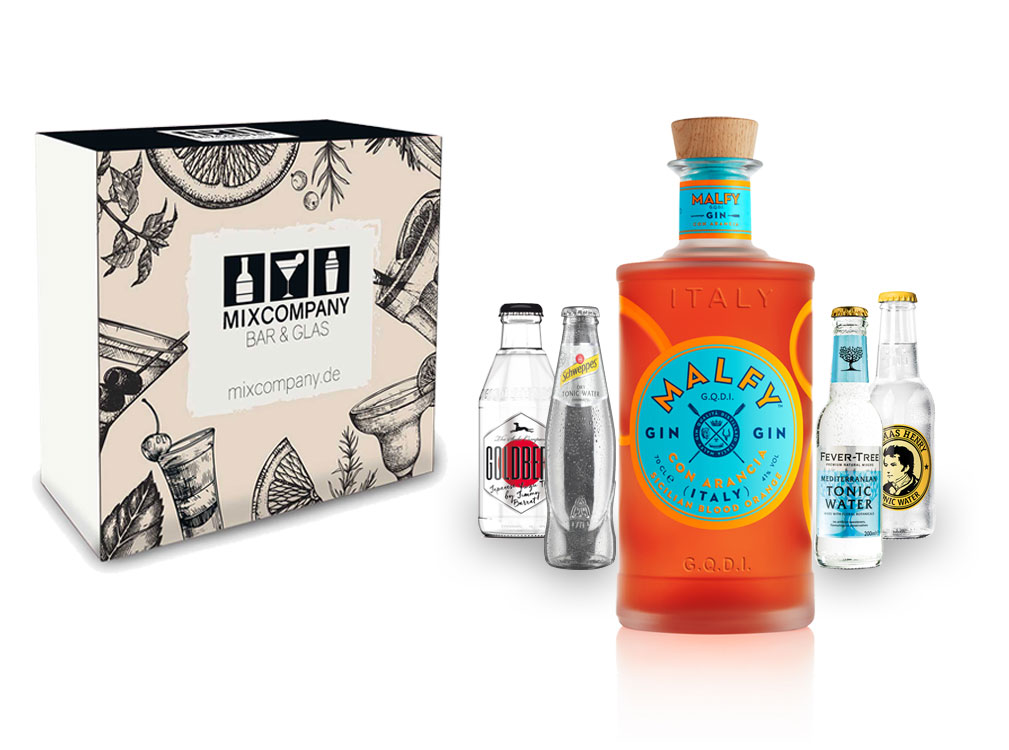 Malfy Gin Tonic Giftbox Set - Malfy Gin con Arancia (Blutorange) 0,7l - 700ml (41% VOL) + 1x Goldberg Yuzu 1x Fever Tree Mediterranean 1x Thomas Henry Tonic 1x Schweppes Dry Tonic- Inkl. Pfand MEHRWEG- [Enthält Sulfite]