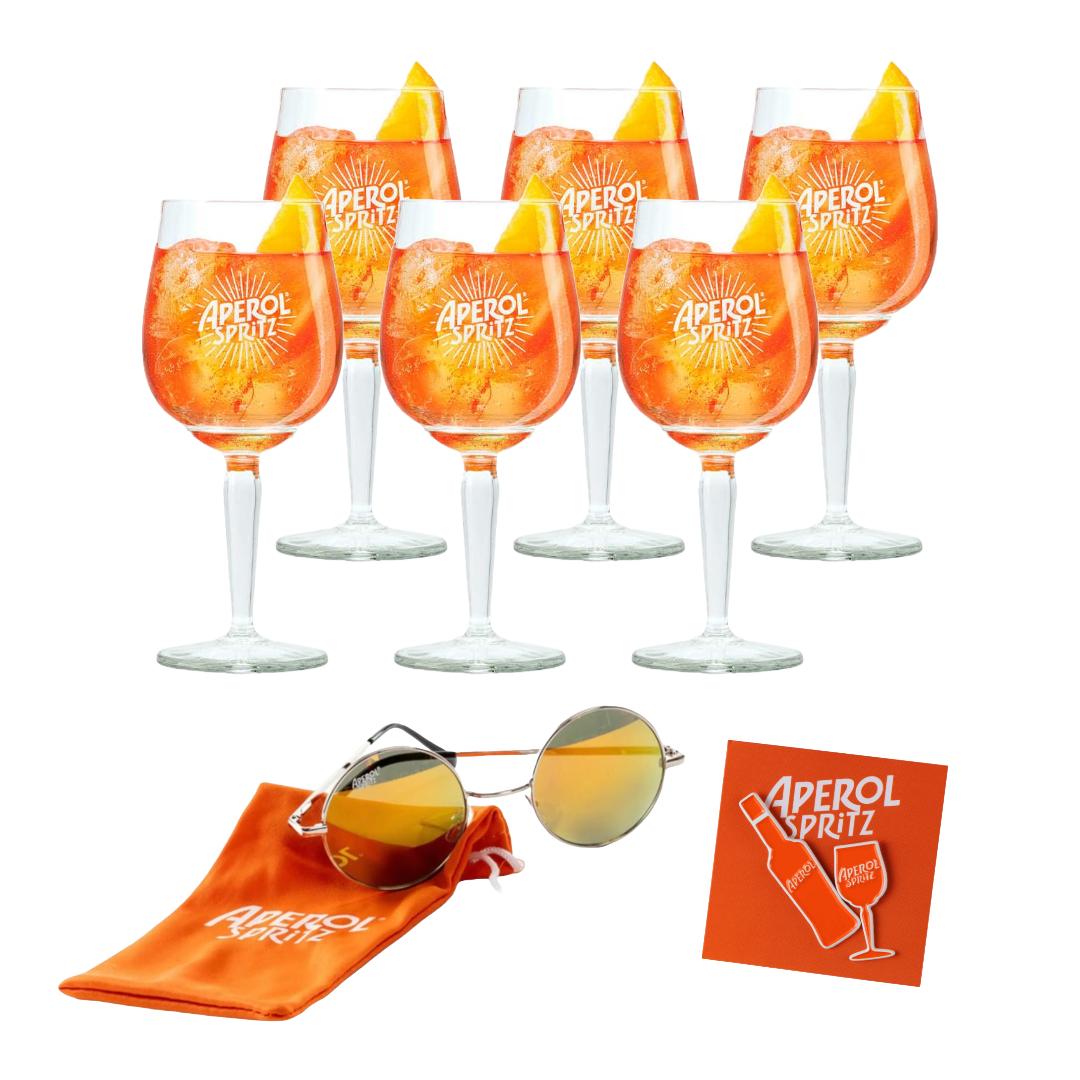 Aperol Spritz Sommer-Set – 6 Gläser + Sonnenbrille + 2 stylische Pins