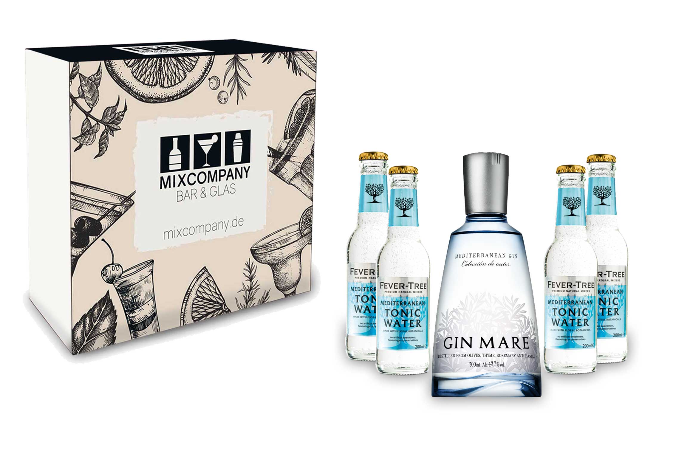 Gin Tonic Giftbox Geschenkset - Gin Mare 0,7l 700ml (42,7% Vol) + 4x Fever Tree Mediterranean Tonic Water 200ml inkl. Pfand MEHRWEG + Geschenkverpackung