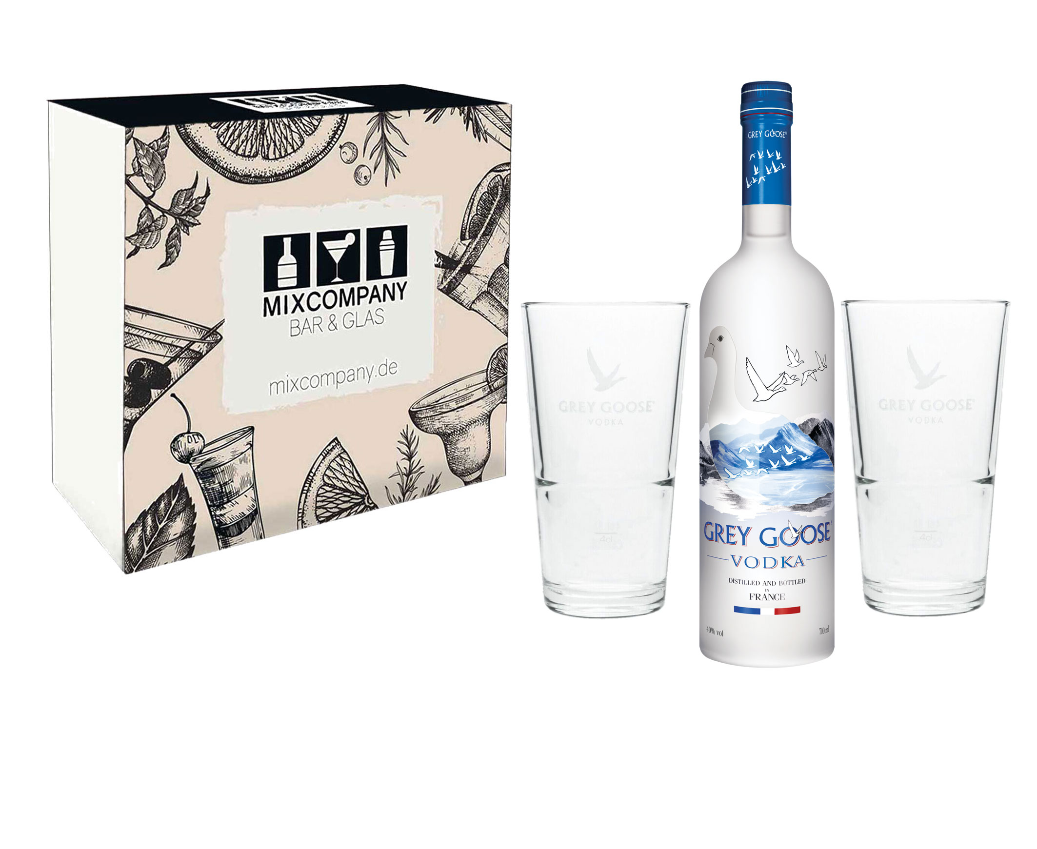 Grey Goose Geschenkset - Grey Goose Vodka 0,7l 700ml (40% Vol) + 2x Longdrink Glas 