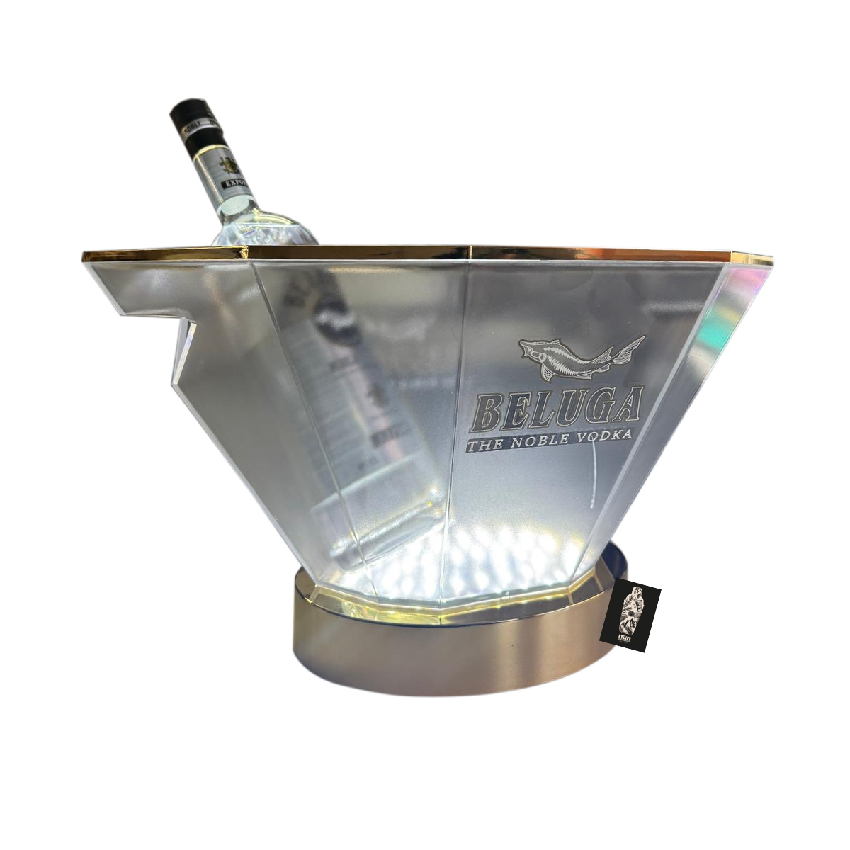 Beluga Flaschenkühler Gold/durchsichtig The Noble Vodka mit Wiederaufladbaren LEDs OHNE FLASCHE inkl. Kabel - Maße: ca. 50cm x 33cm x 27cm 