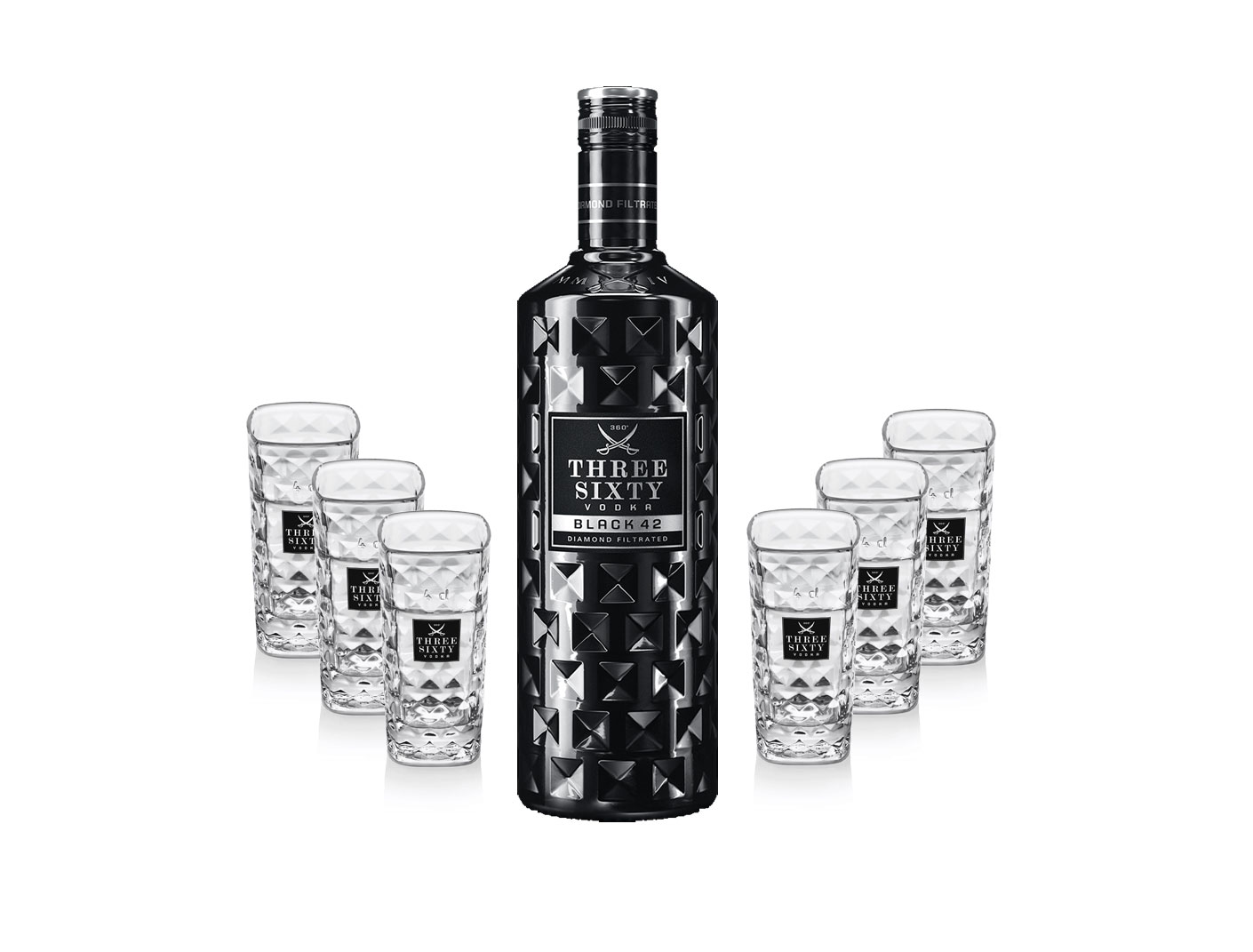 Three Sixty Set Geschenkset - Three Sixty Black Vodka Wodka 1L 1000ml (42% Vol) + 6x Shotgläser Glas 2 und 4cl geeicht- [Enthält Sulfite]