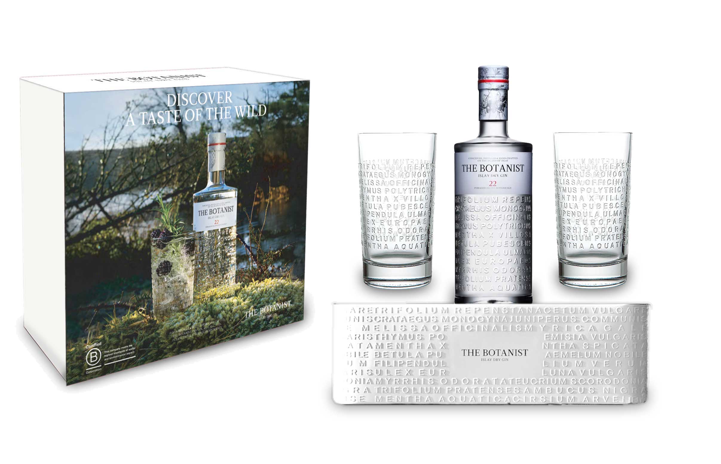 Botanist Gin Geschenkset - The Botanist Islay Dry Gin 0,7l (46% Vol) + 2x Longdrinkgläser + Blumentopf / Pflanzkübel aus Metall mit Logo - [Enthält Sulfite]