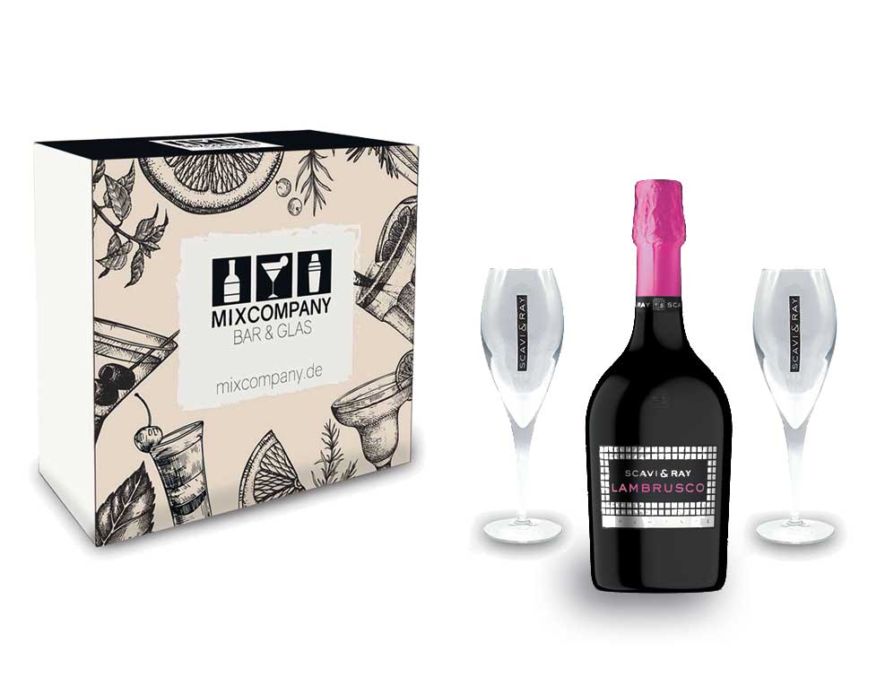 Scavi & Ray Giftbox Geschenkset - Scavi & Ray Lambrusco Spumante 0,75l (9,5% Vol) + 2x Flöten (10cl) -[Enthält Sulfite]