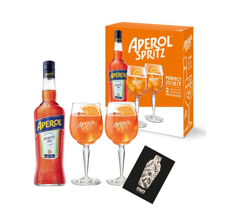 Aperol Geschenkset - Aperol Italiano Aperitivo 0,7L (11% Vol) + 2x Aperol Spritz Stilglas / Gläser- [Enthält Sulfite]