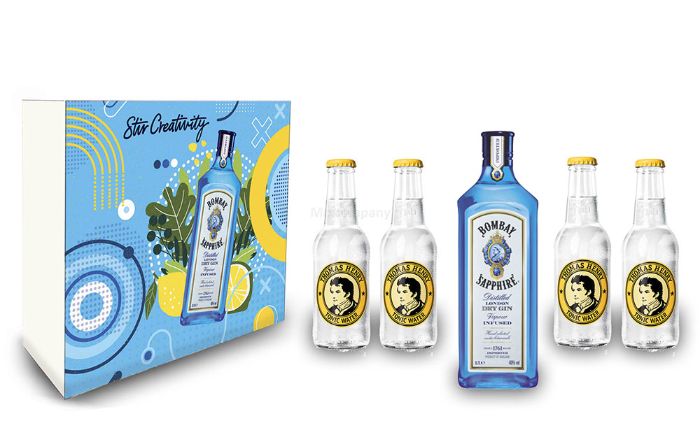 Bombay Sapphire Gin Tonic Set / Geschenkset - Bombay Sapphire London Dry Gin 0,7l 700ml (40% Vol.) + 4x Thomas Henry Tonic Water 200ml - Inkl. Pfand MEHRWEG