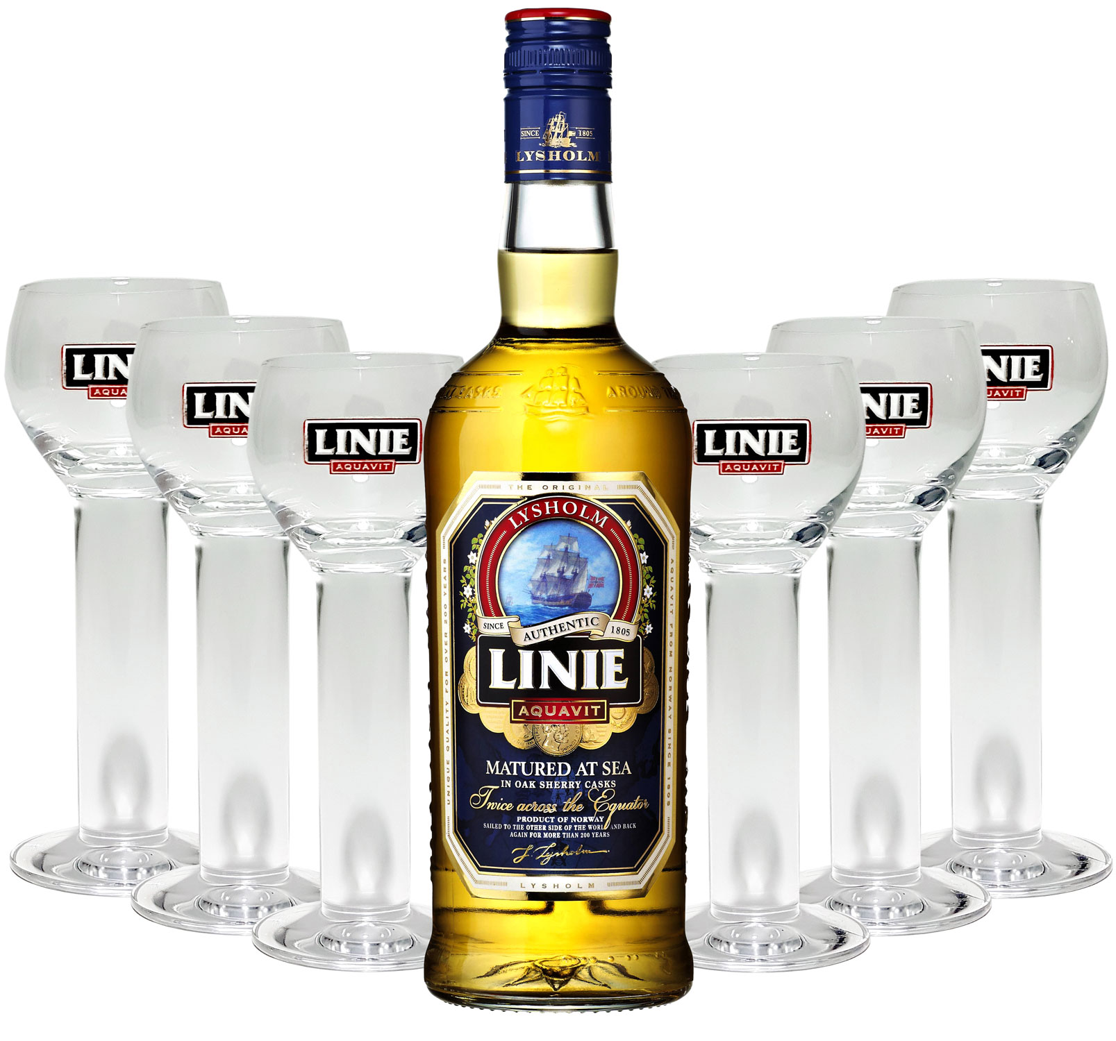 Linie Aquavit Norwegische Spezialität 0,7l 700ml (41,5% Vol) + 6x Gläser 2cl geeicht