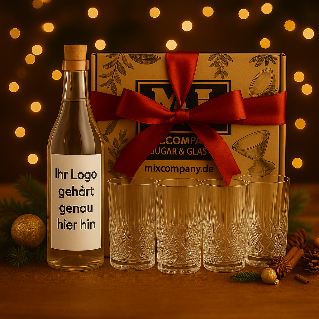 Individuelles Firmen-Geschenkset – Personalisierter Gin 0,7 L (40% Vol.) & 4 Kristall Longdrink Gläser in Premium Mixcompany Geschenkbox- [Enthält Sulfite]