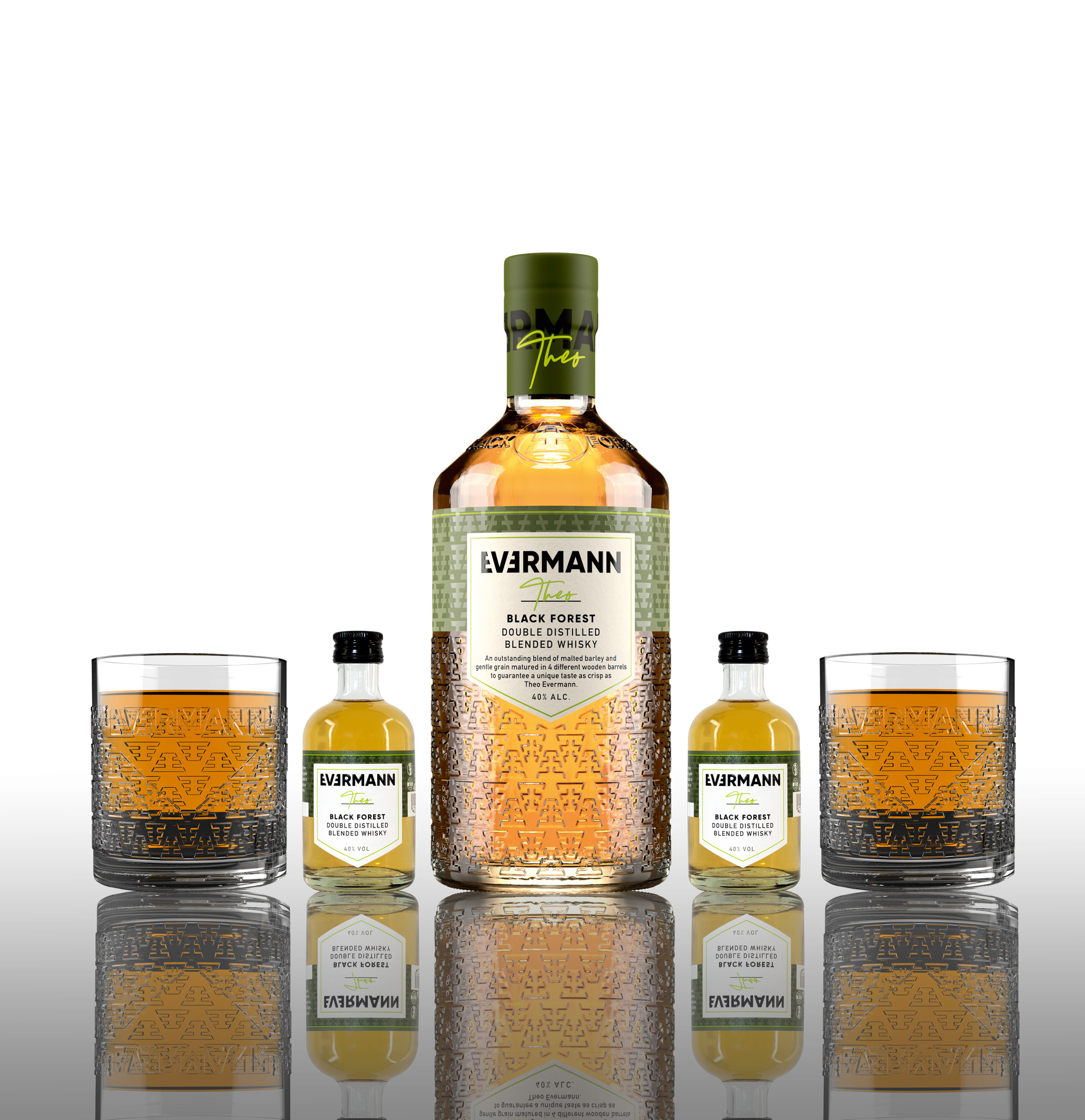 Evermann Theo Set - Whisky 0,7L (40% Vol) + 2 Evermann Theo Miniaturen 10cl und 2 Tumbler GRATIS- [Enthält Sulfite]