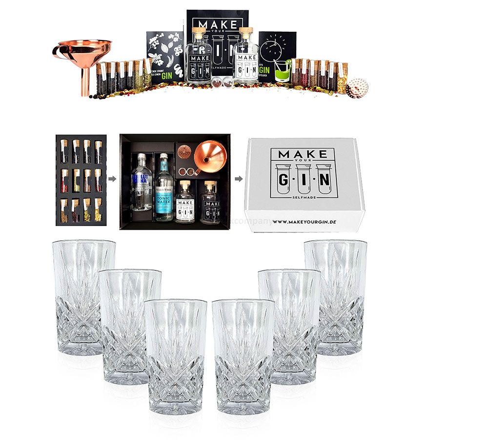 Longdrinkglas in Kristall Optik 6er Set Gläser + Make Your Gin Geschenkset Geschenkbox Gin zum Selbermachen - Absolut Vodka, Fever-Tree Mediterranean Tonic Water 500ml + Botanicals + Bar Trichter + Anleitung mit 