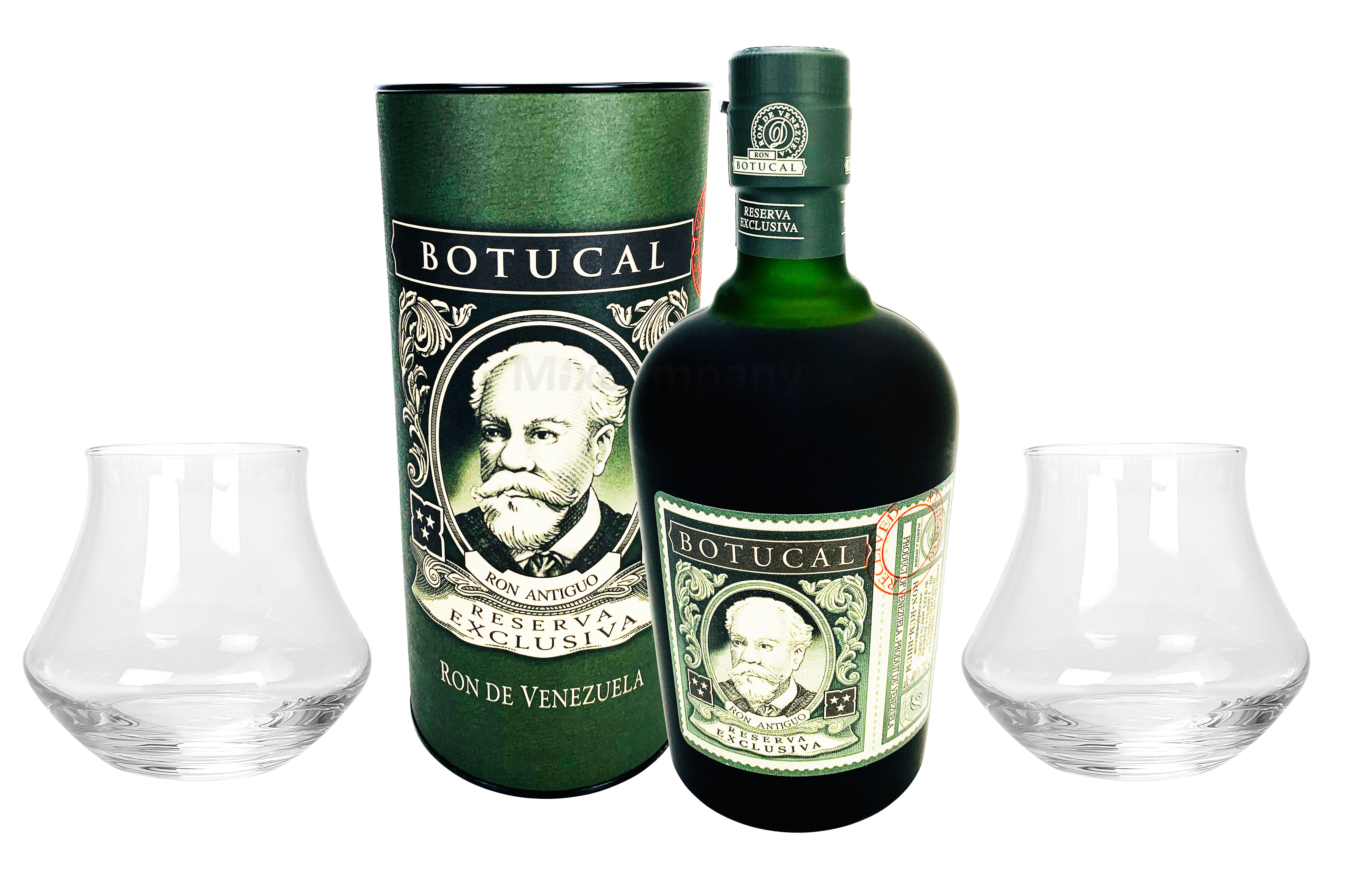 Botucal Reserva Exclusiva Rum mit Geschenkverpackung 2 Botucal Tumbler Gläser mit 0,70l (40% Vol) Ron de Venezuela Glas Longdrinkglas - Set - [Enthält Sulfite]
