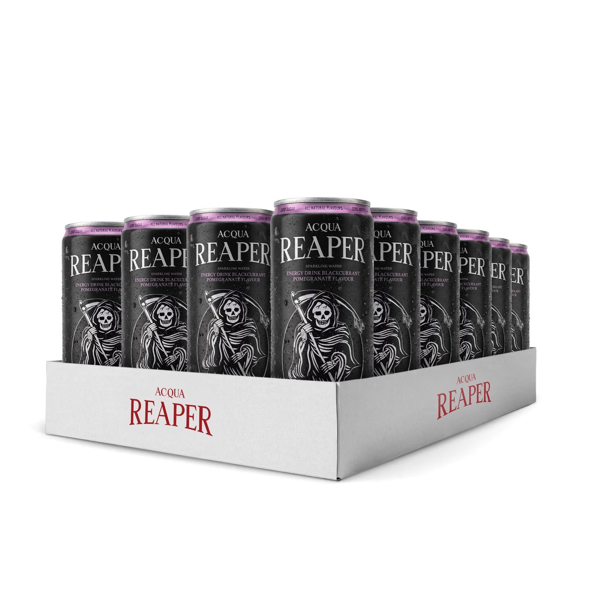 Ein Tray mit 24 schwarzen Dosen Acqua Reaper Energy Water Johannisbeere Granatapfel – mit natürlichem Koffein und Taurin, ohne Zucker.