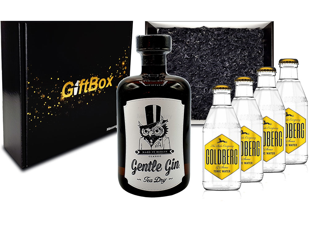 Mixcompany Giftbox - Gin Tonic Set - Gentle Gin Tea Dry 0,5l (47% Vol) + 4x Goldberg Tonic Water 200ml inkl. Pfand MEHRWEG - in Geschenkverpackung- [Enthält Sulfite]