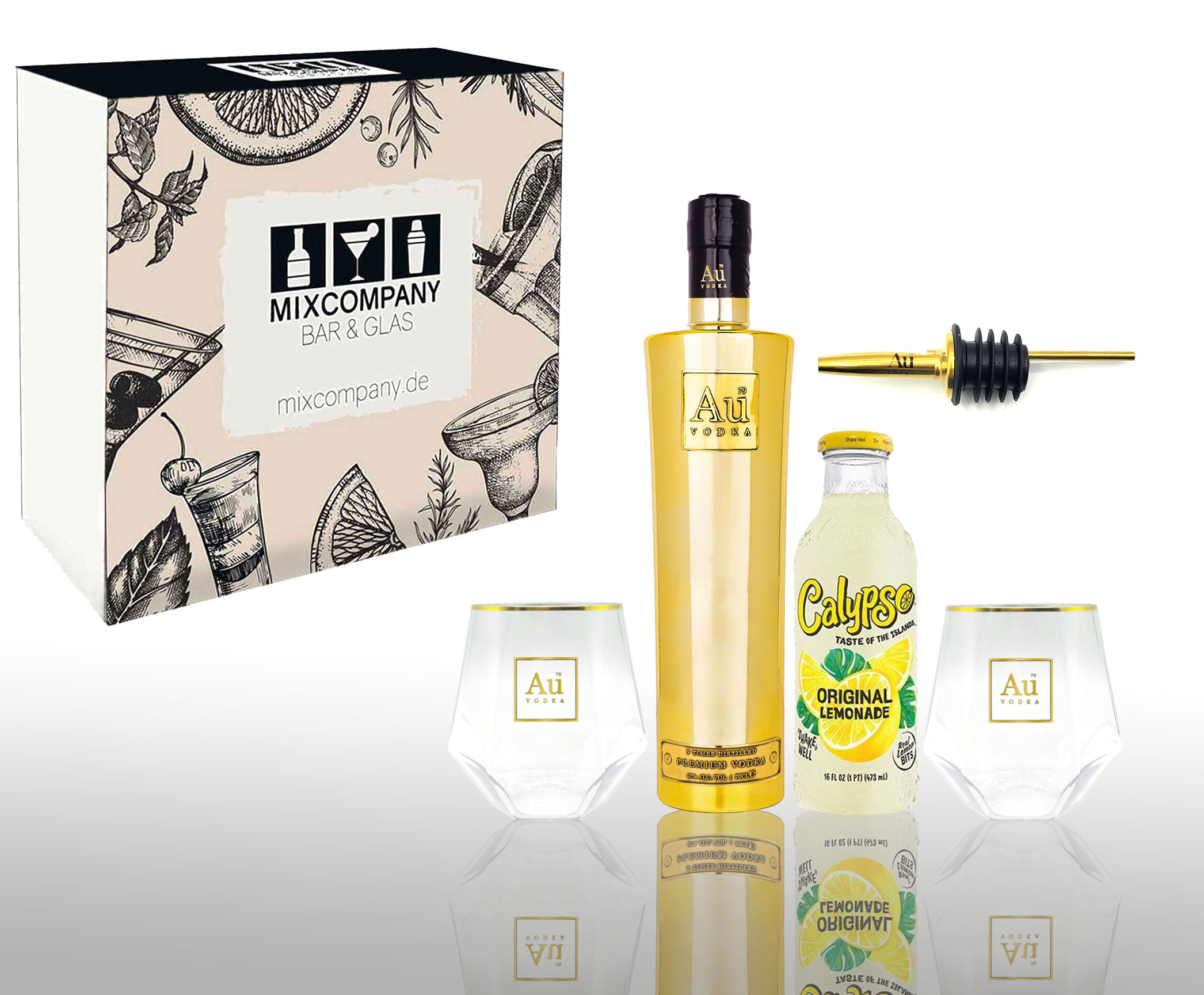 AU Vodka Geschenkset Classic 0,7L (40% Vol) Calypso Original Lemonade 473ml + 2x Au Acryl Tumbler und Ausgießer inkl. Pfand MEHRWEG- [Enthält Sulfite]