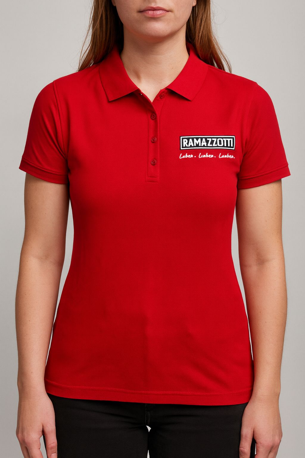 Ramazzotti Damen Polo-Shirt Rot Größe S – 5-Knopf – Frontlogo mit Schriftzug „Leben. Lieben. Lachen.“ – Original Promotion Polo