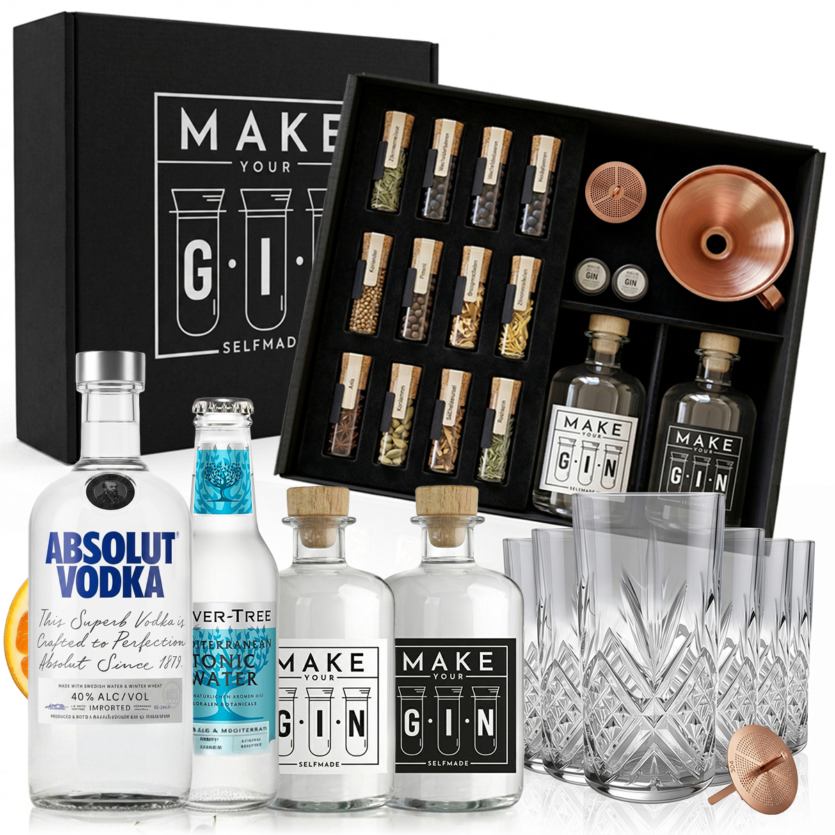 Make Your Gin Geschenkset Schwarz mit Absolut Vodka und Tonic Water