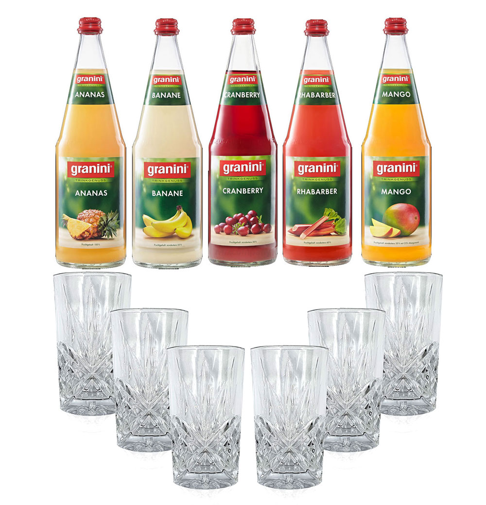 Mixcompany Set - 6x Longdrink Glas Kristall Optik + Granini Alkoholfreies Cocktail Tasting 5er Set - 1x Ananas + 1x Banane + 1x Cranberry + 1x Rhabarber + 1x Mango je 1L inkl. Pfand MEHRWEG