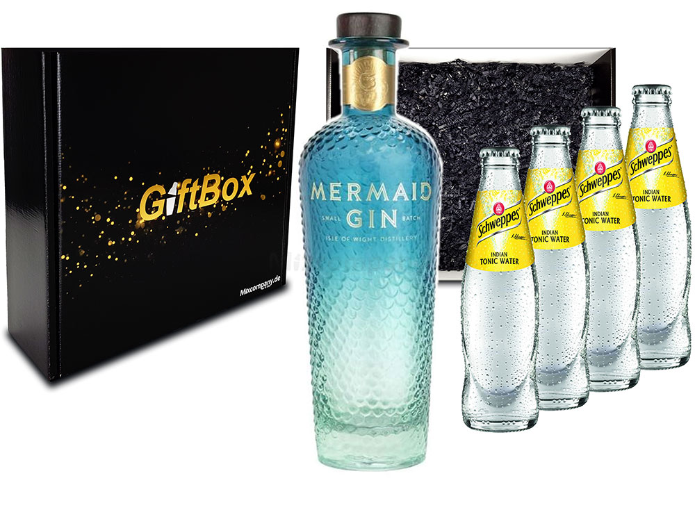 Mixcompany Gin Tonic Giftbox Geschenkset - Mermaid Gin 0,7L 700ml (42% Vol) + 4x Schweppes Tonic Water 200ml inkl. Pfand MEHRWEG- [Enthält Sulfite]