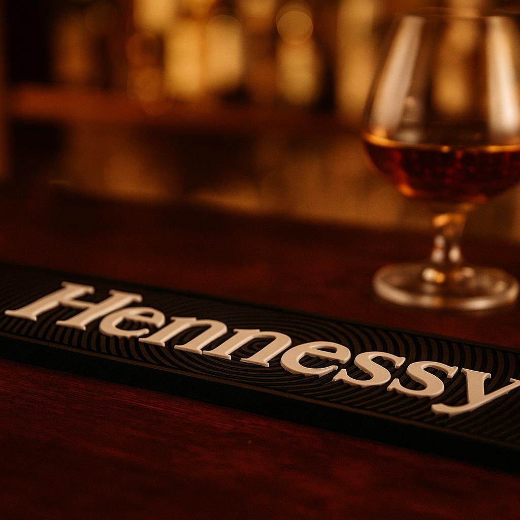 Hennessy Barmatte – ca. 60 x 9 cm – Schwarze rutschfeste Silikon-Barunterlage mit Hennessy Logo – Profi Bar Mat für Home-Bar & Theke