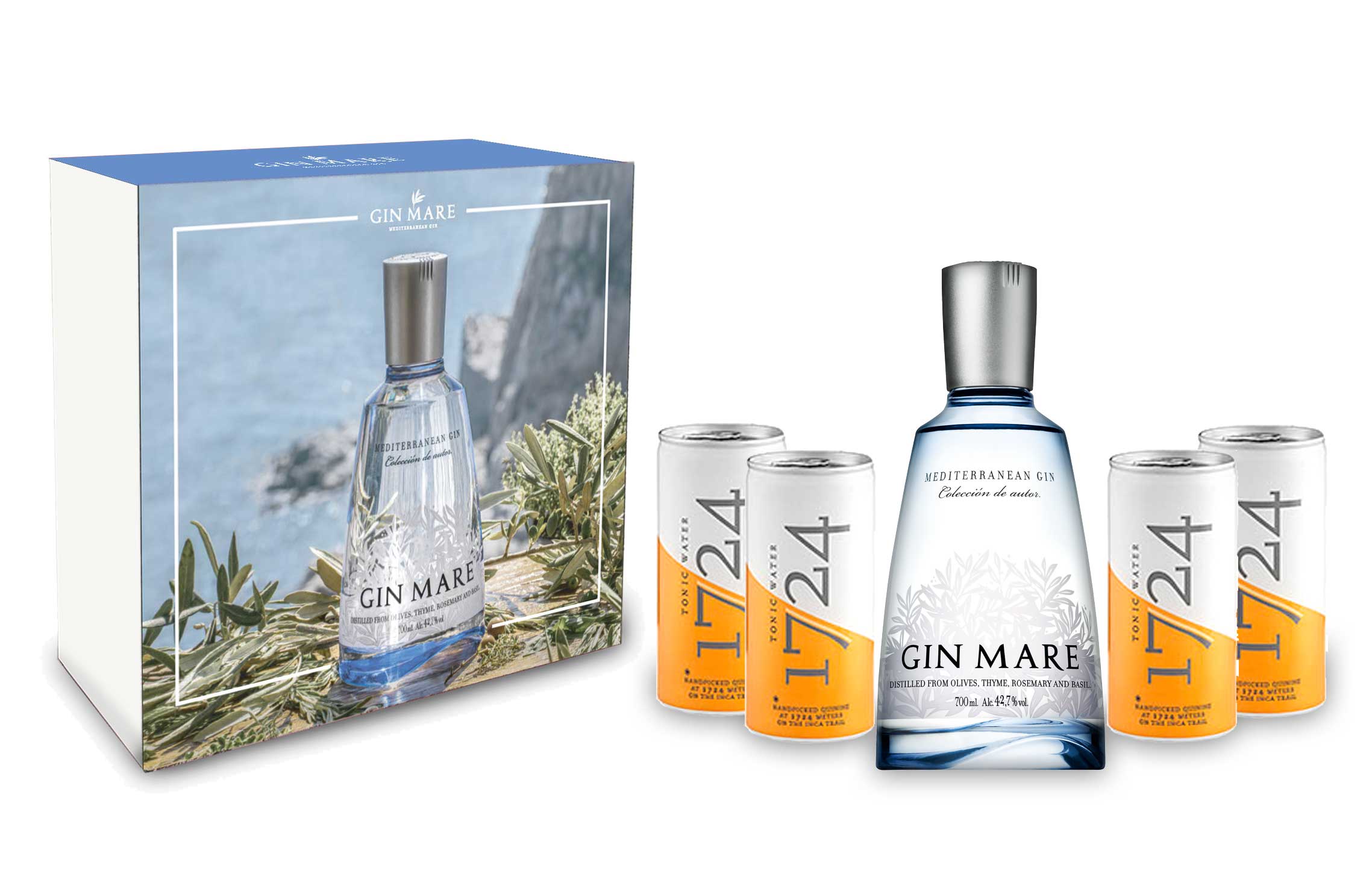Gin Mare Schuber Geschenkset - Mediterranean Gin 0,7l (42,7% Vol) + 4x 1724 Tonic Water Dose 200ml inkl. Pfand EINWEG - [Enthält Sulfite]