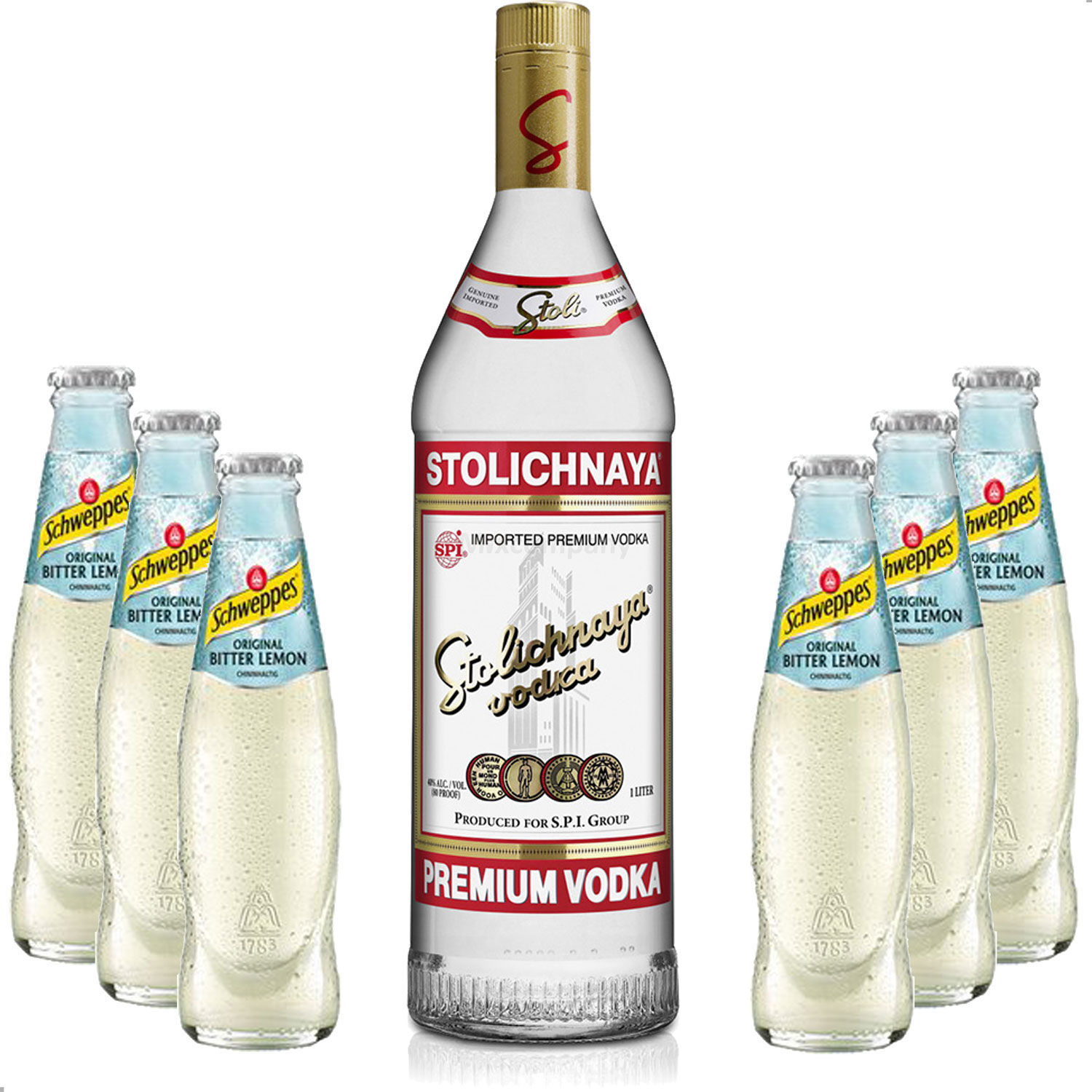 Vodka Lemon Set - Stolichnaya Vodka 1L (40% Vol) + 6x Schweppes Bitter Lemon 200ml - Inkl. Pfand MEHRWEG