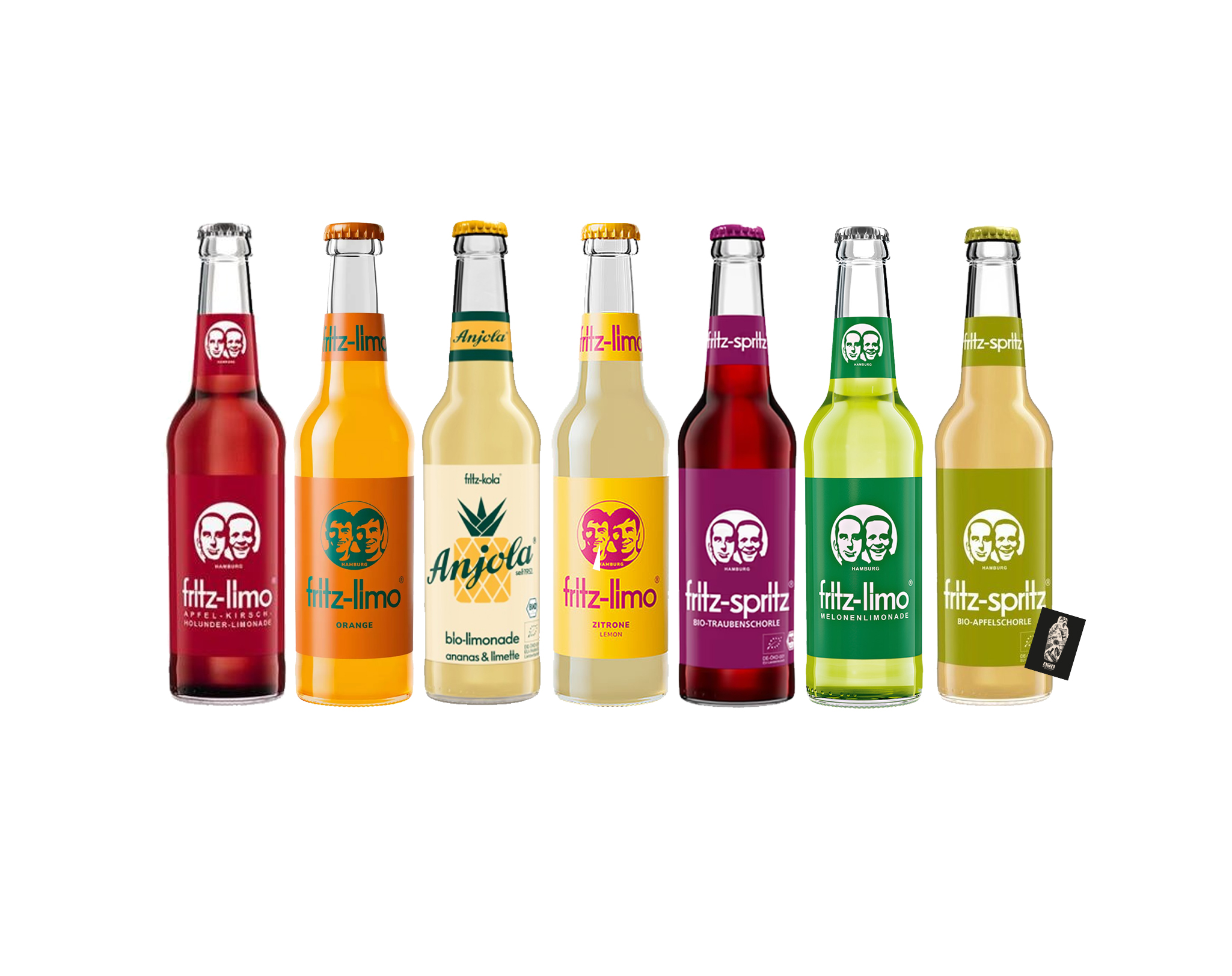 Fritz-Kola 7er-Set Tastingset Probierset Apfel-Holunder-Kirsch 0,33L, Orange 0,33L, Anjola 0,33L, Zitrone 0,33L, Traubenschorle 0,33L, Honigmelone 0,33L, Bio Apfelschorle 0,33L inkl. Pfand Mehrweg 