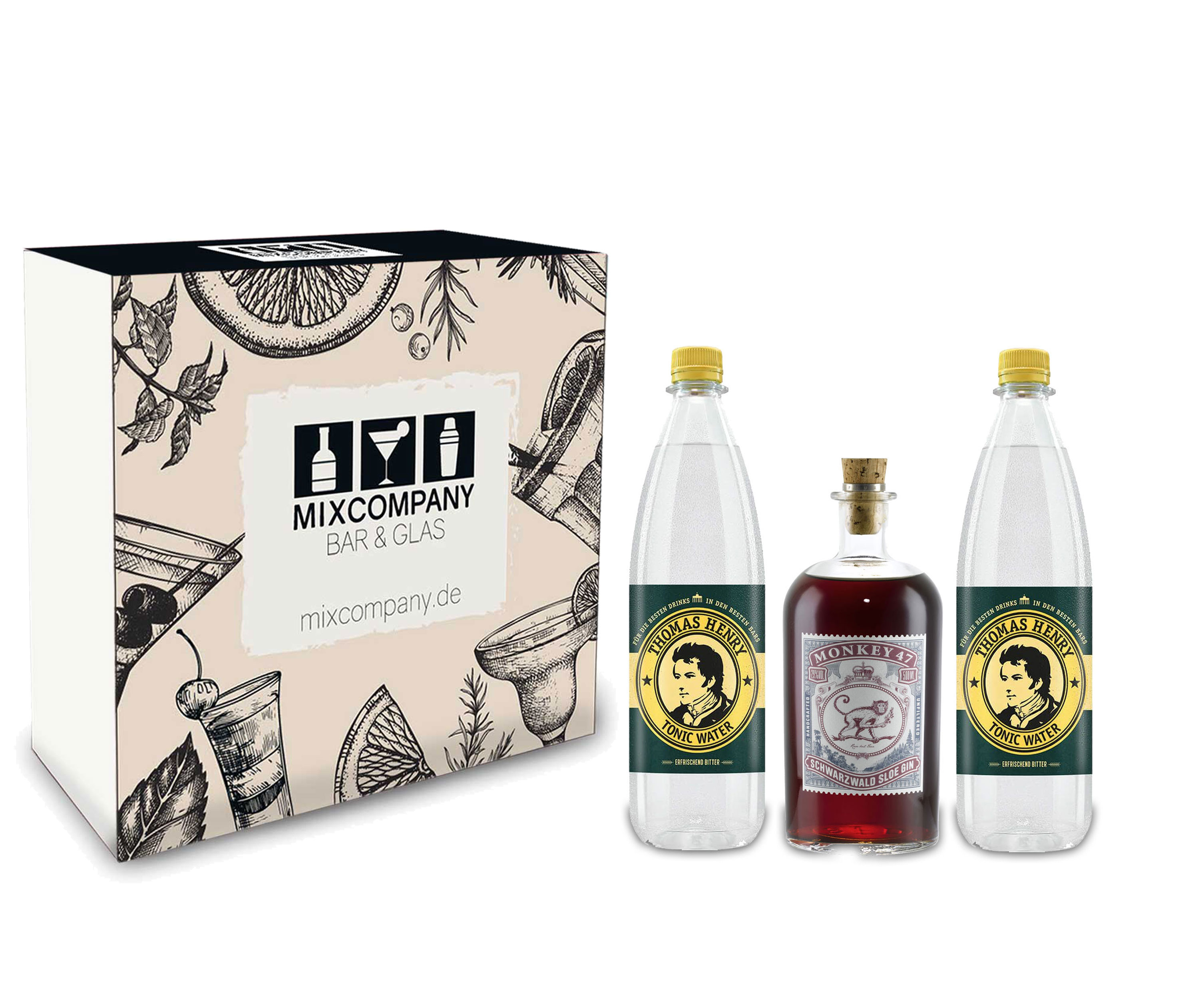 Monkey 47 Gin Tonic Set / Geschenkset - Monkey 47 Schwarzwald Sloe Gin 500ml (29% Vol) + 2x Thomas Henry Tonic Water 1000ml - Inkl. Pfand MEHRWEG