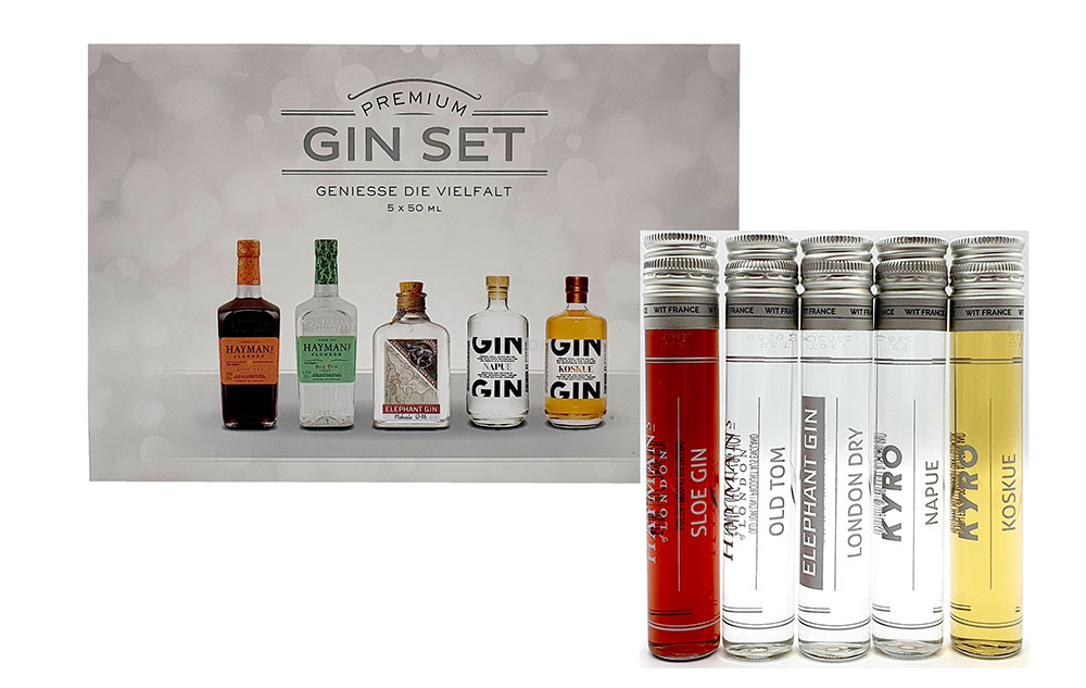 Premium Gin Probier Set - 5 verschiedene Sorten in Geschenkverpackung - Haymans Sloe Gin 50ml (26%Vol) / Haymans Old Tom Gin 50ml (41,4%Vol) / Elephant London Dry Gin 50ml (45%Vol) / Kyrö Napue Rye Gin 50ml (46,3%Vol) /