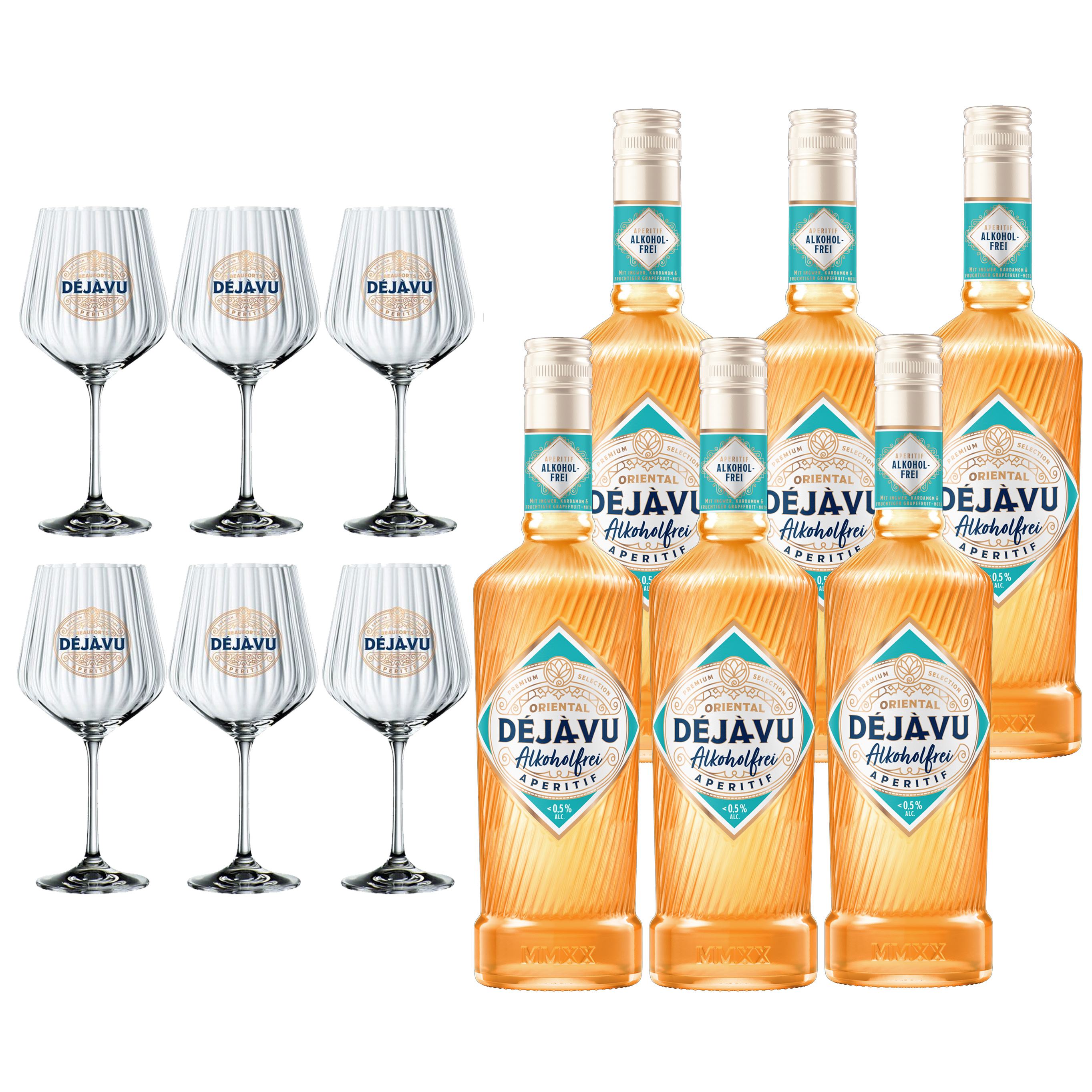 6er-Set Deja Vu Oriental Alkoholfrei Aperitif – Unter 0,5% Vol., 6 x 0,7 l inkl. 6 Gläsern- [Enthält Sulfite]