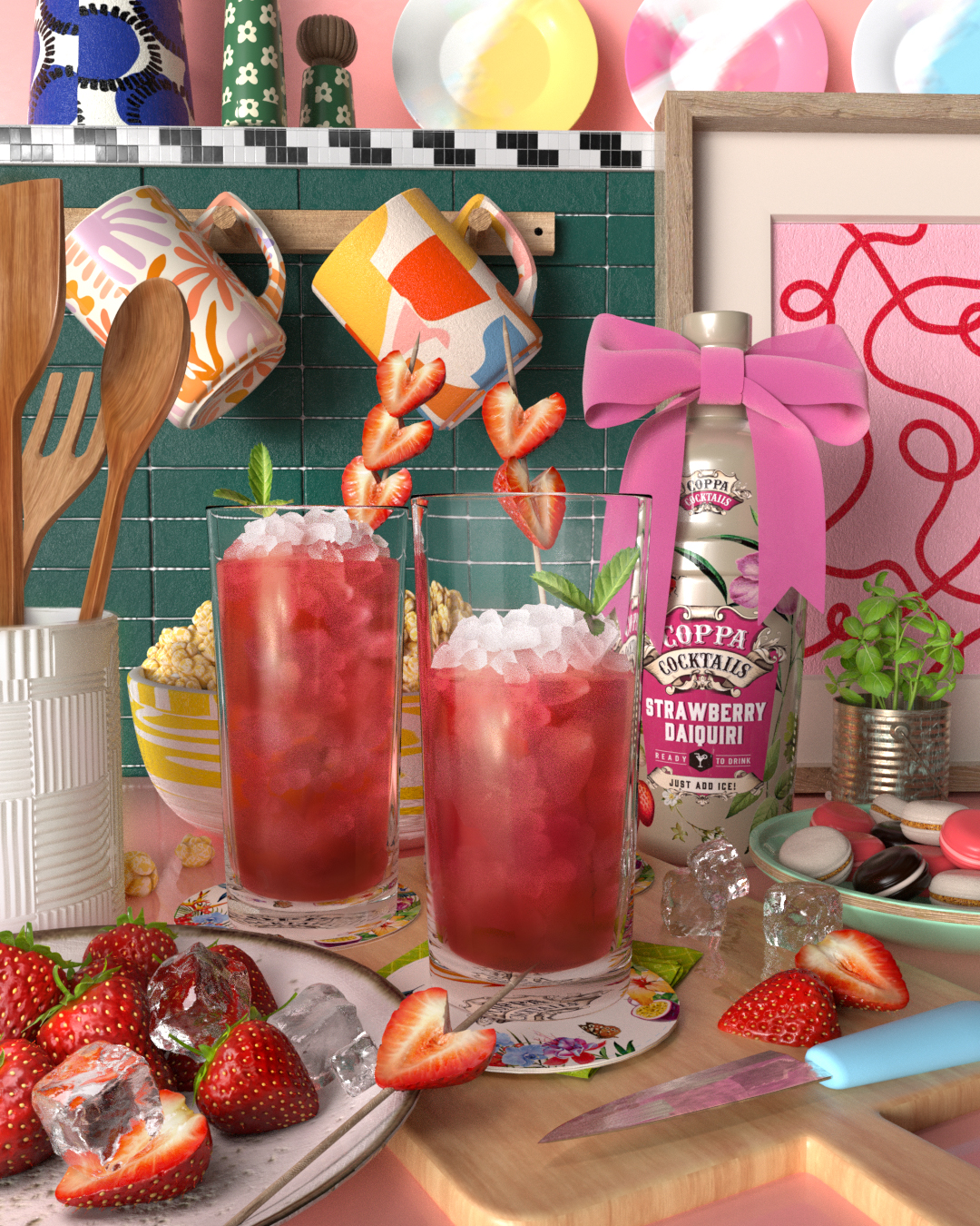 Coppa Cocktails Strawberry Daiquiri Geschenkset – Strawberry Daiquiri 0,7L (10% Vol.) mit 6-teiligem Barset - Ready to drink, ready to mix! [Enthält Sulfite]