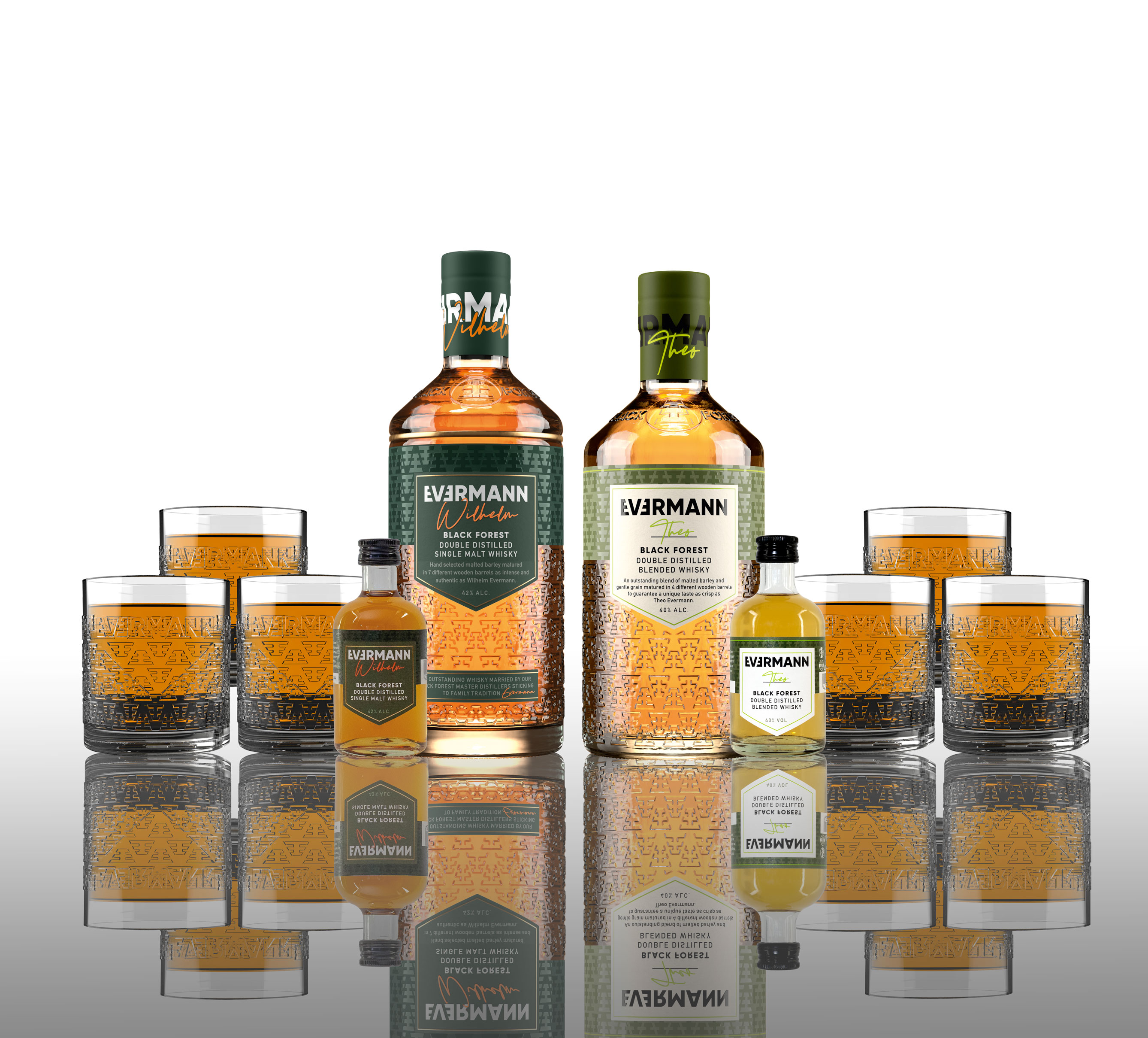 Evermann XXL Set - Whisky Wilhelm 0,7L (42% Vol) + Theo 0,7L (40% Vol) + 2 Evermann Miniaturen 10cl und 6 Tumbler GRATIS- [Enthält Sulfite]