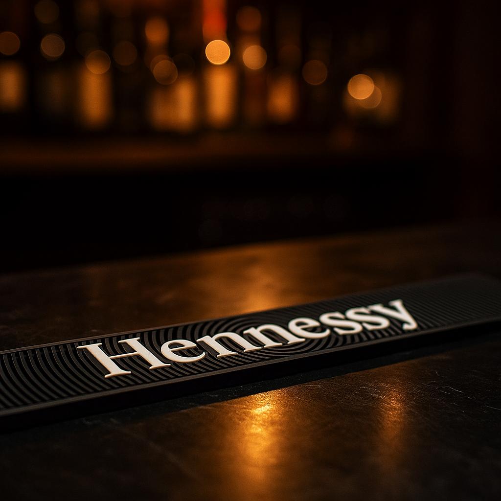 Hennessy Barmatte – ca. 60 x 9 cm – Schwarze rutschfeste Silikon-Barunterlage mit Hennessy Logo – Profi Bar Mat für Home-Bar & Theke